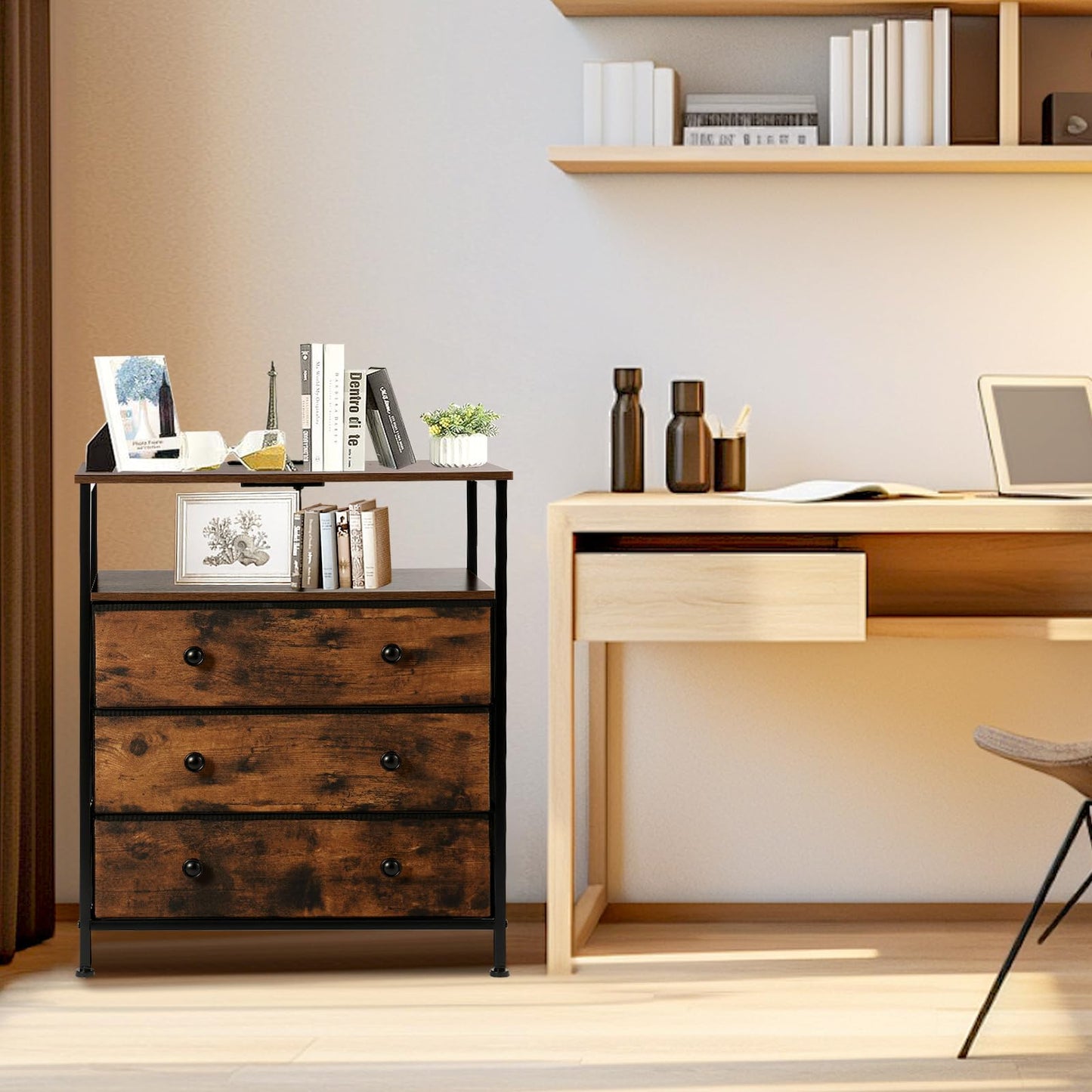 PATAVOT 3 Drawers Dresser with Charging Station, 24 Inch Wide LED Night Stand Set 2 with Adjustable Fabric Drawer, Nightstand with Storage Shelf for Living Room/Bedroom/Office, Rustic Brown.