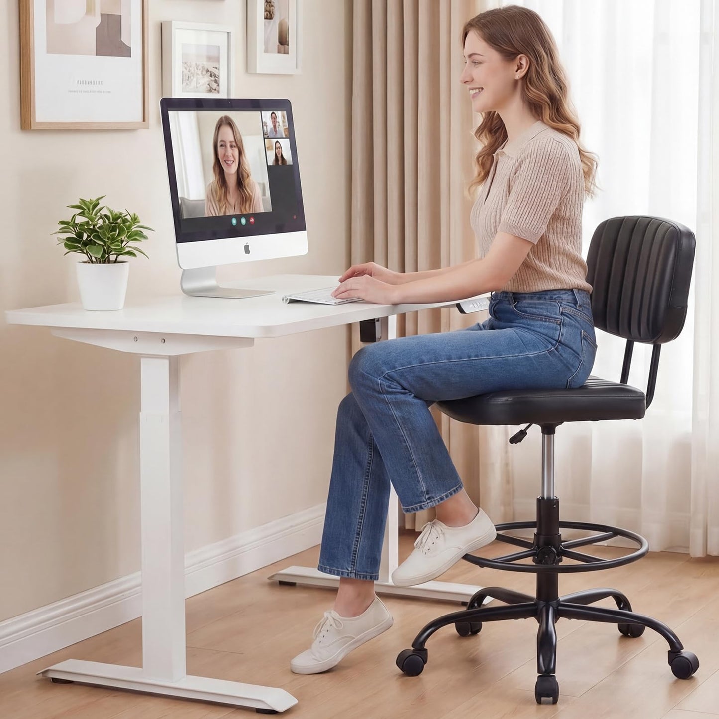 DUMOS Armless Drafting Chair, Low Back Office Seat with Adjustable Footrest Ring for Standing Desk, Ergonomic PU Leather Office Seating, Swivel Rolling High Stool for Studio, Lab, Counter, Black