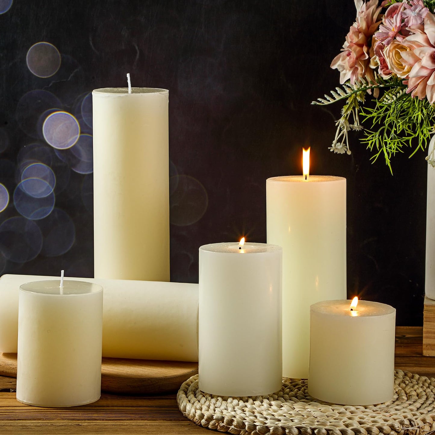 Shihanee 36 Pcs Pillar Candles 3 in x 3,4,5,6,8,10 Dripless Unscented Smokeless Candle Long Burning Decorative Rustic Candles with Cotton Wick for Wedding Home Fireplace (Ivory White)