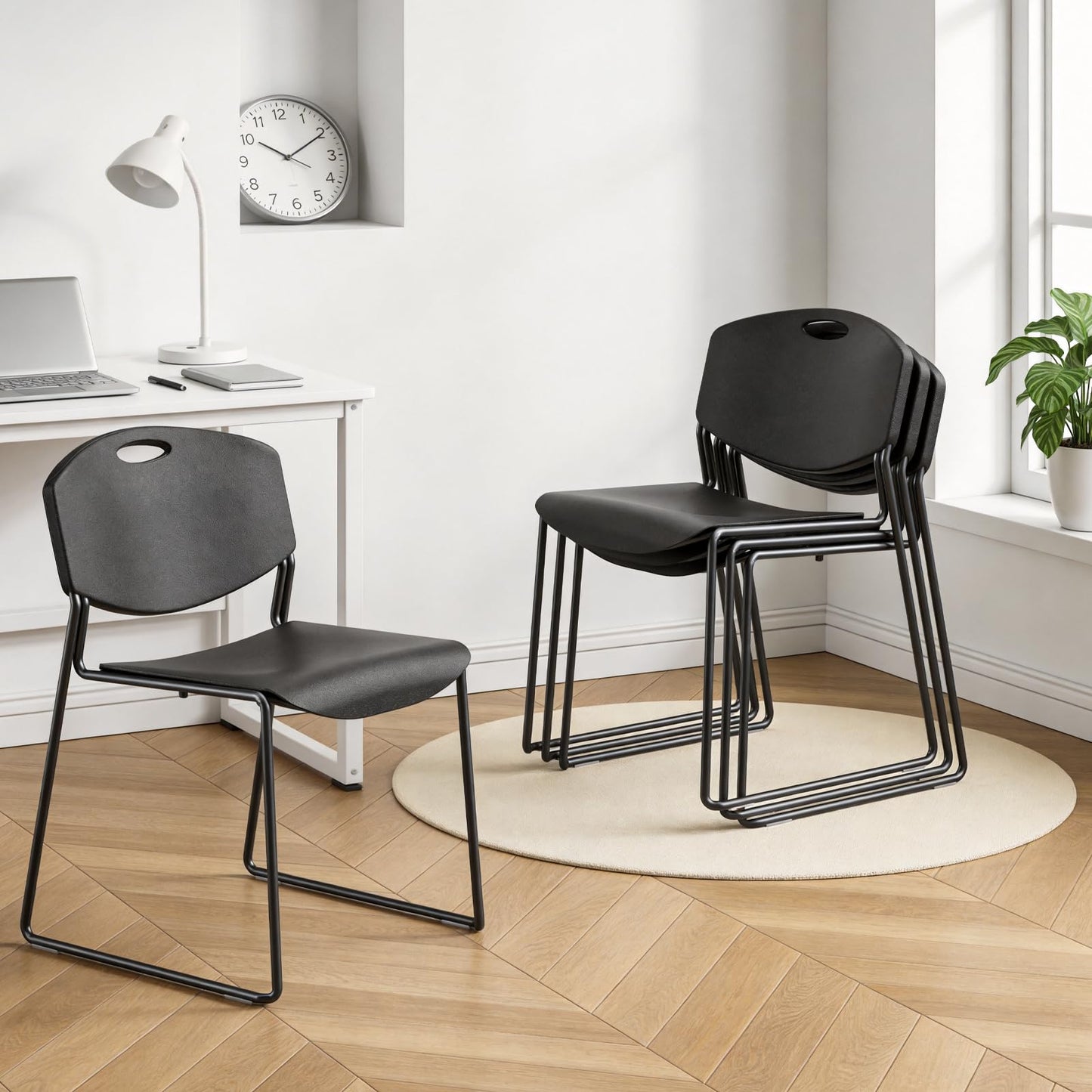 MAKE CHANGES Stacking Chairs Set of 4, Plastic Waiting Room Chair with Sled Base, Stackable Office Guest Reception Chairs No Wheels for Break Rooms and Conference Rooms Black