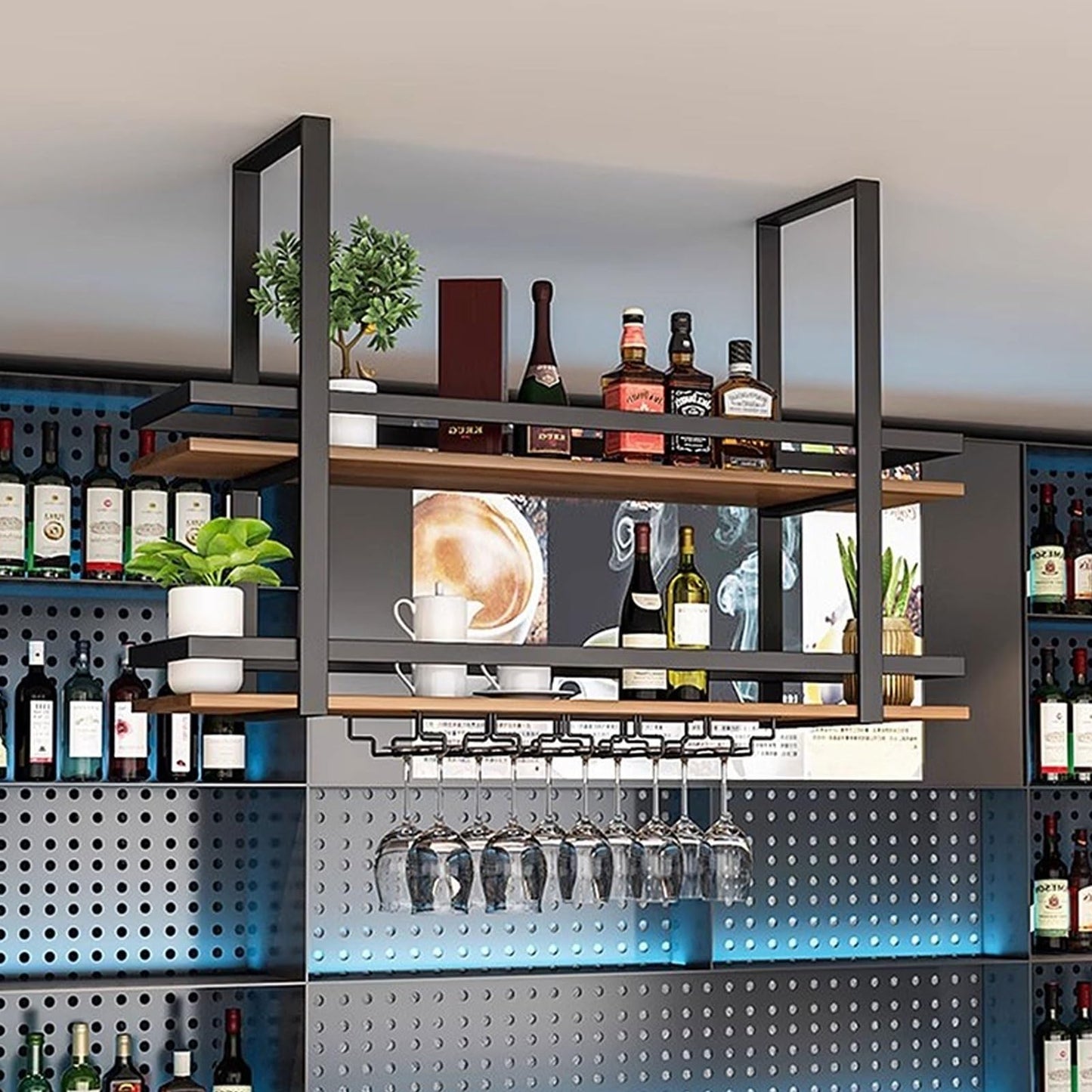 TATITZRO Wall Mounted Wine Rack Ceiling Bottle Shelf, Hanging Wine Glass Rack Floating Bar Shelves Flaoting Plant Display Storage Holder with Stemware Hanger for Bar Cafe Kitchen(60x30x80cm