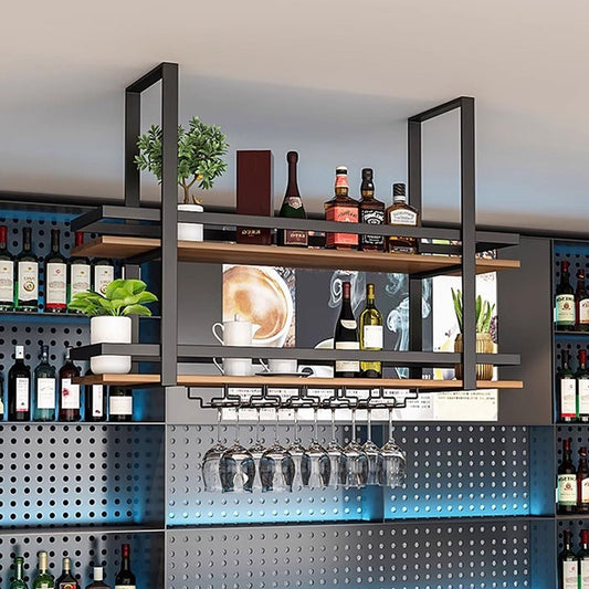 TATITZRO Wall Mounted Wine Rack Ceiling Bottle Shelf, Hanging Wine Glass Rack Floating Bar Shelves Flaoting Plant Display Storage Holder with Stemware Hanger for Bar Cafe Kitchen(60x30x80cm