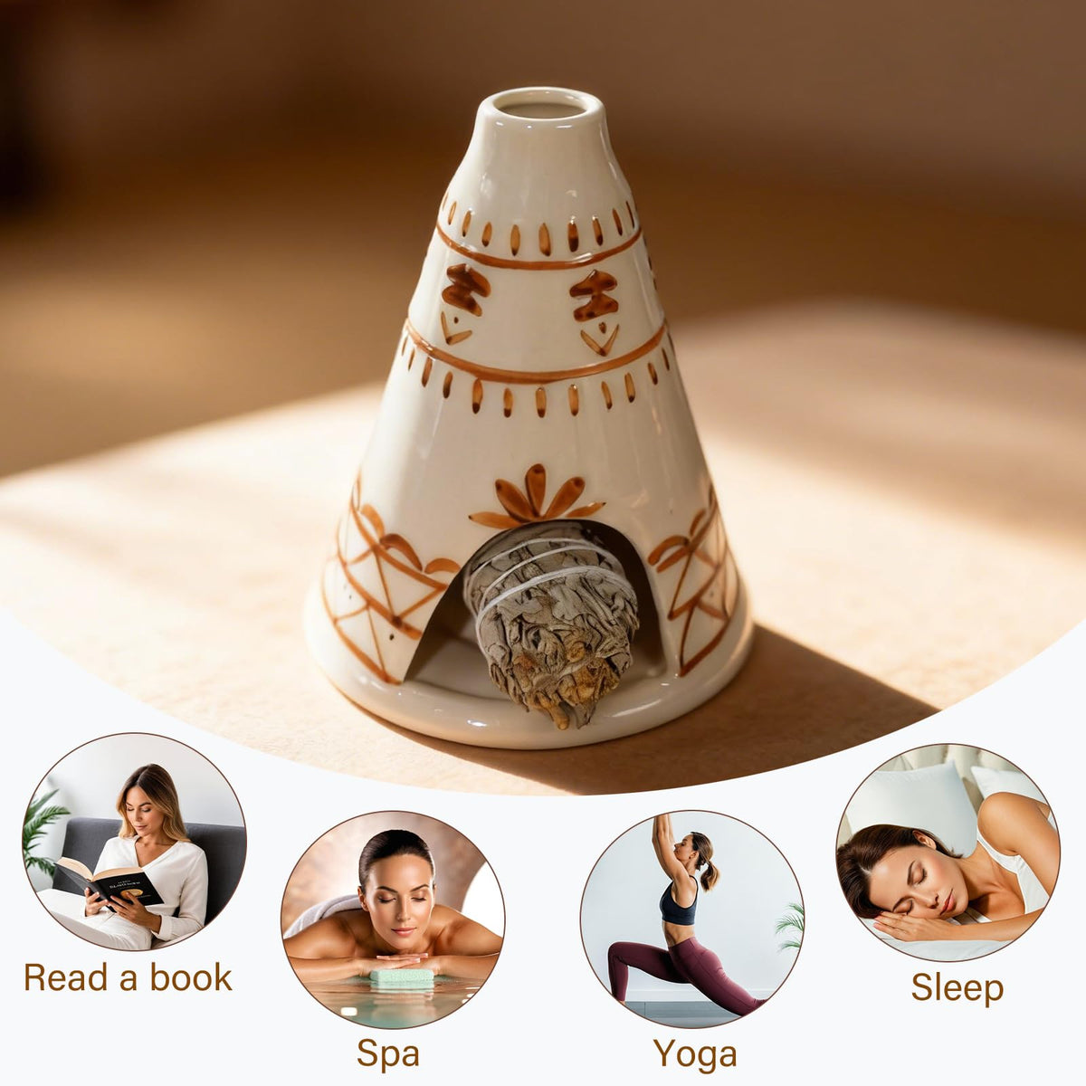 MOUGIGI Handcrafted Palo Santo Holder Ceramic Chimney Incense Burner - Tent Shape - Safe for Palo Santo Sticks Sage & Incense Cones for Meditation Yoga Zen Altar Aromatherapy - Thoughtful Gift Idea