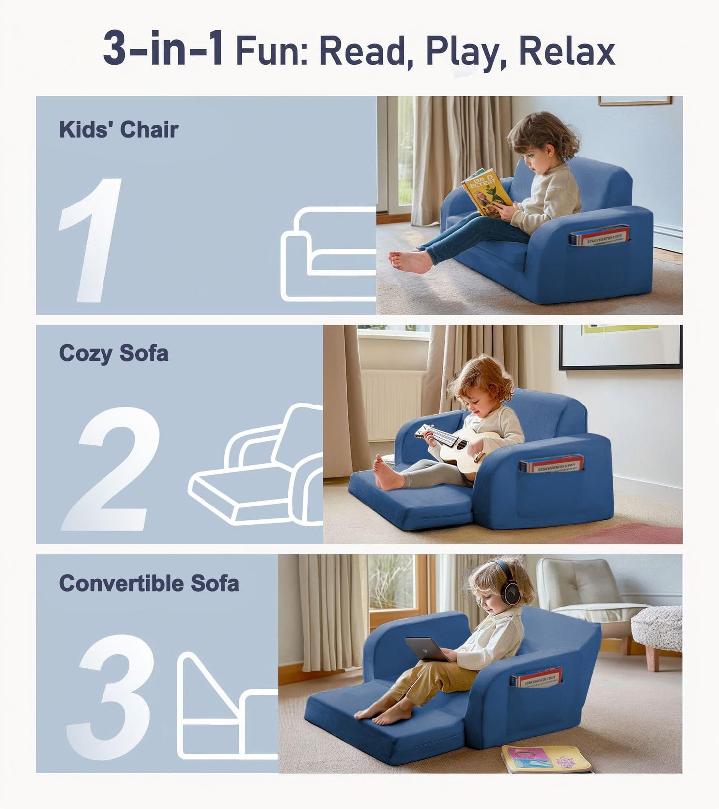 little dove 3-in-1 Extra Wide Convertible Kids Couch, Flip Open Kid Sofa, Machine-Washable Kid Couch for Girls, Kids Sofa for Fun Playtime, Dark Blue