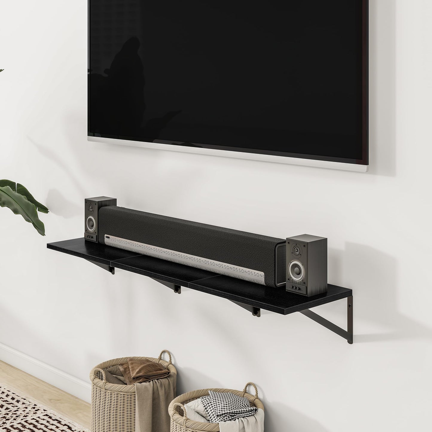 Heimlove Deep Floating Shelves for Wall, Wood Wall, Wide Floating Bookshelf for Living Room, Kitchen, Office, Bedroom and Decor Storage,Black with Metal Bracket, 24wx12dx5.8h, 3Shelves