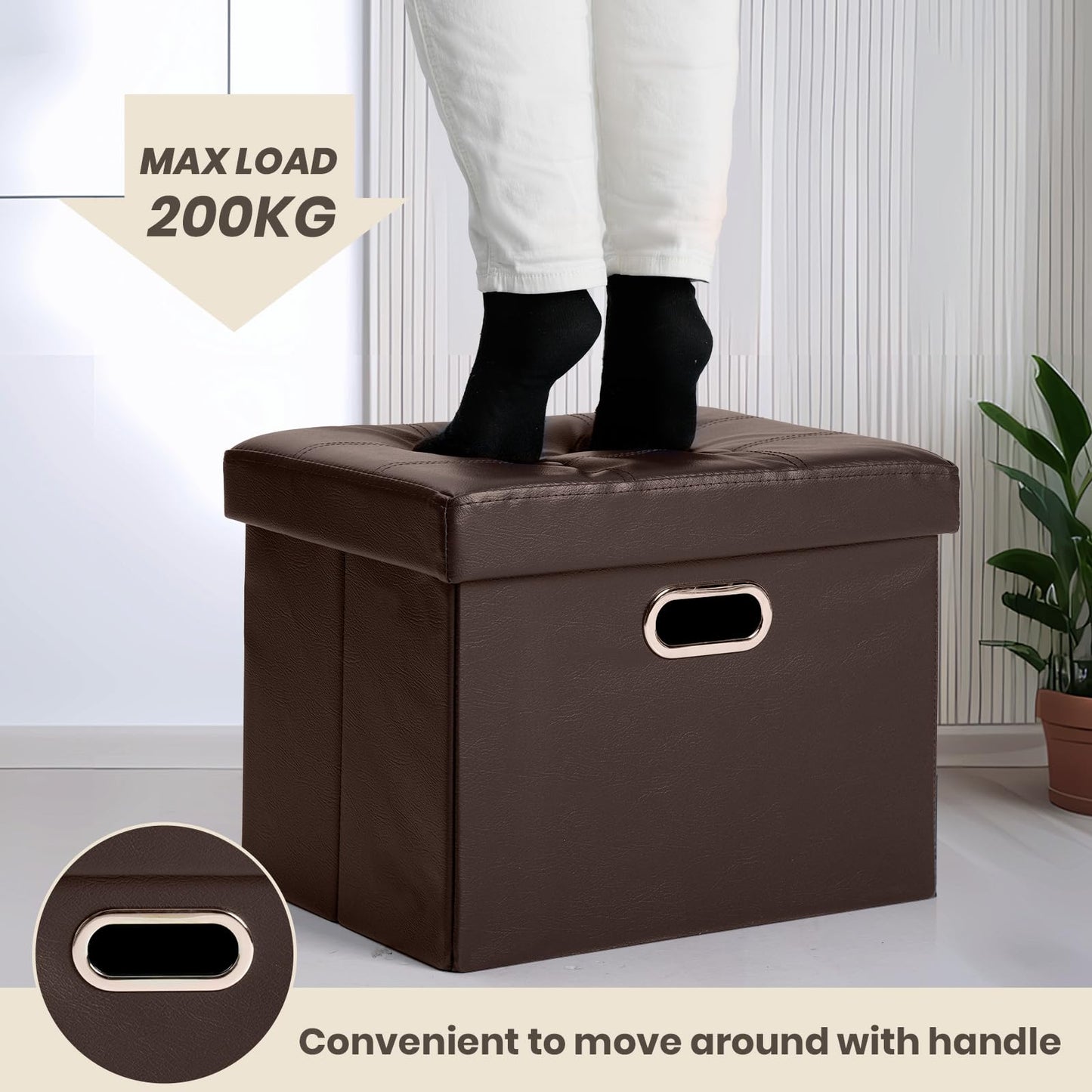 COSYLAND Ottoman with Storage Folding Leather Ottoman Footrest Foot Stool Brown Ottoman for Rooms Small Rectangle Collapsible Bench Furniture with Handles Lid 17x13x13in