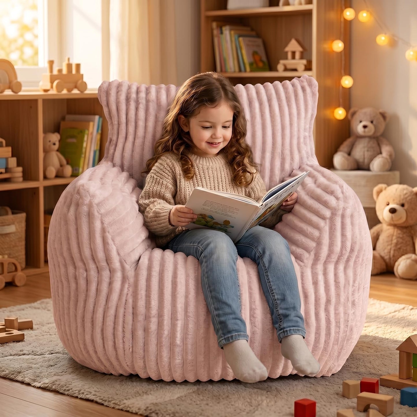 MaxiBean Bean Bag Chair - Plush Faux Fur Floor Seating Furniture Bean Bag Chair for Living Room, Bedroom, Playroom (2.5FT Stripe Pink)
