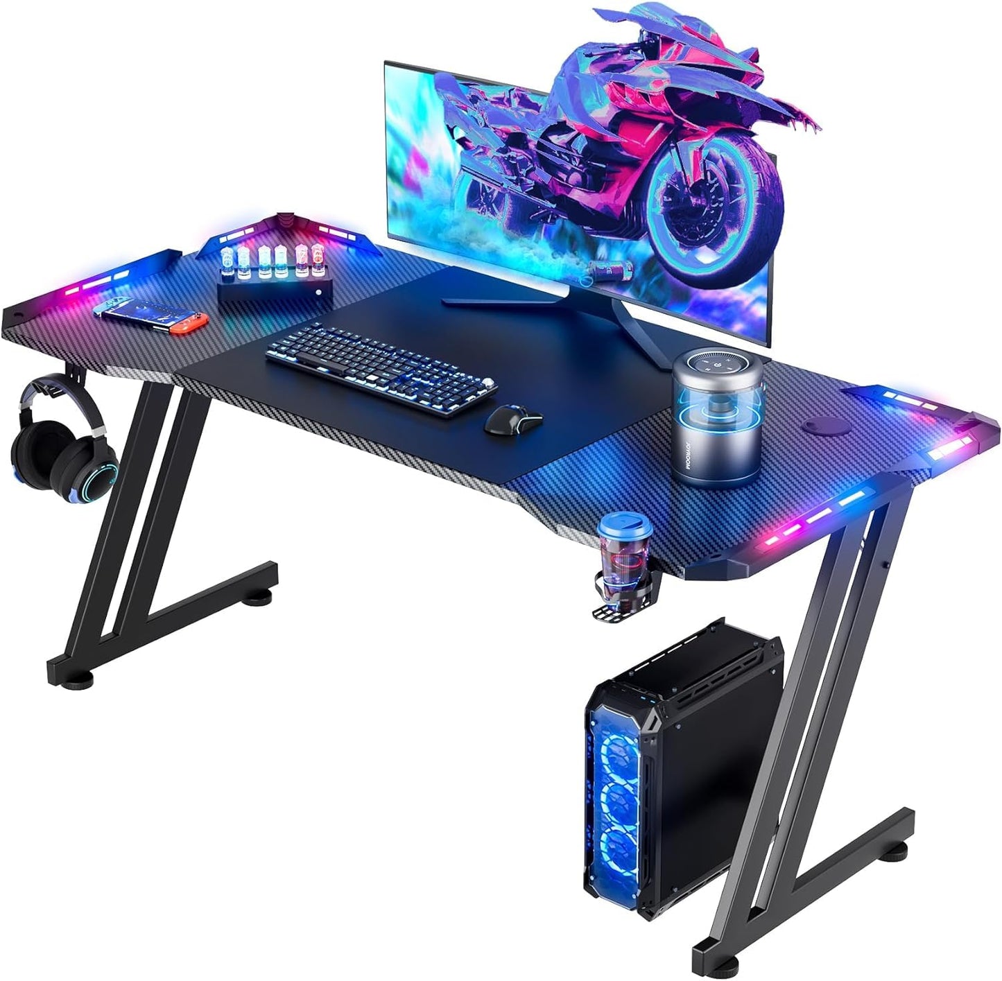 HLDIRECT 47 Inch Gaming Desk with LED Lights, Large RGB Computer Gaming Desk Table with Cup Holder Headphone Hook Mouse Pad, Ergonomic Modern Carbon Fiber Mesa Gamer Pc Work Home Office Desks, Black