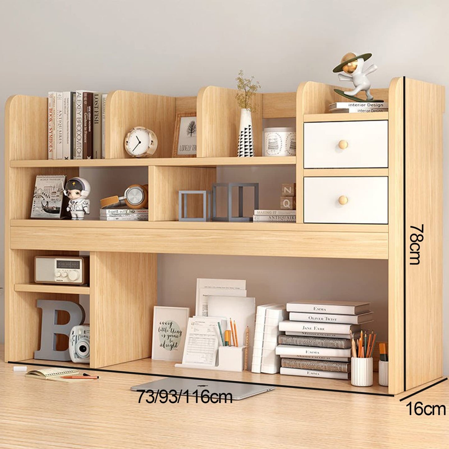 Wooden Desktop Bookcase with Drawers Small Office Desk Shelf Stand Computer Desk Bookshelf Organizer Teak+White 116x16x78cm