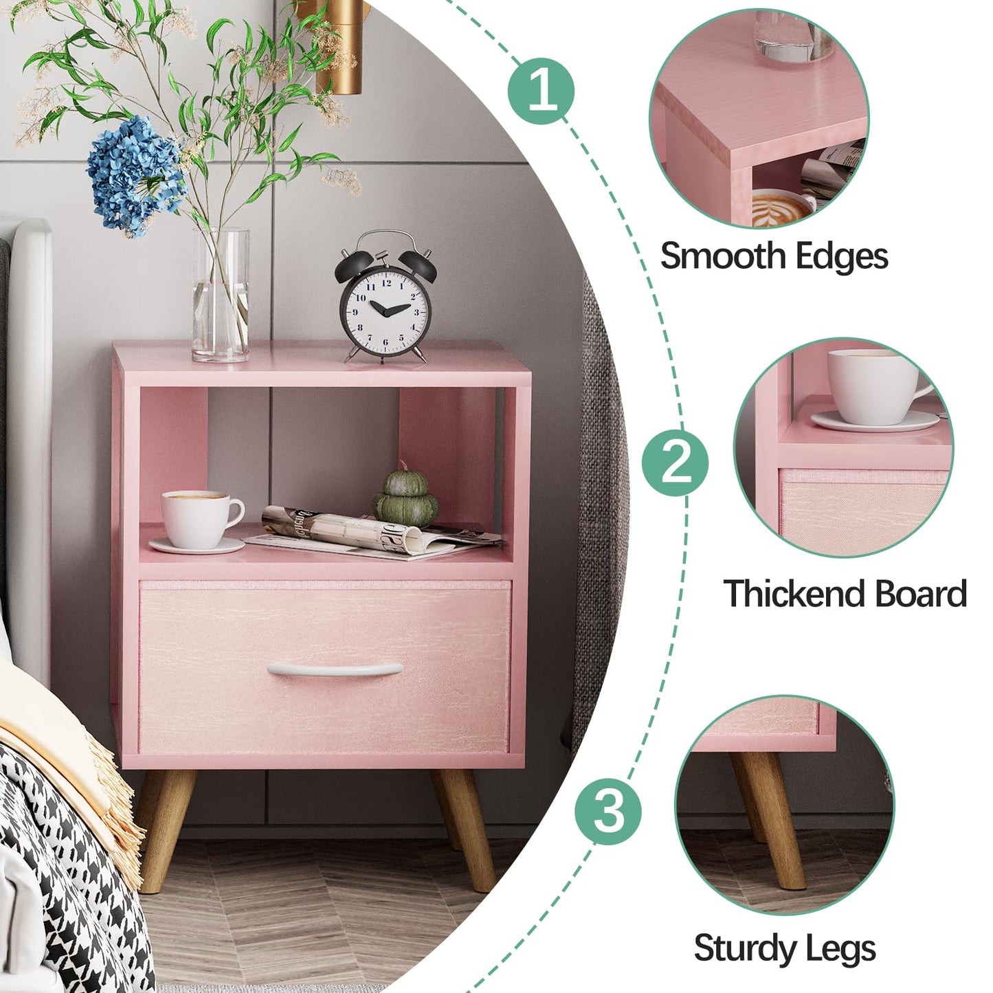 Aenuert Night Stand, Pink Kids Nightstand with Drawer, Nursery Side Table with Open Storage, 2-Tier Modern End Table, Bedside Table for Small Space, Living Room, Bedroom