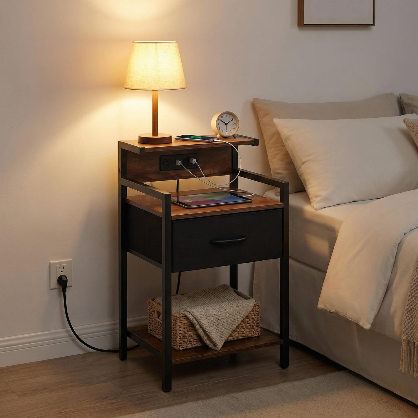 Homiekit Industrial Nightstand with USB Charging Port, Narrow End Side Table with Fabric Drawer & Storage Shelf for Bedroom Living Room