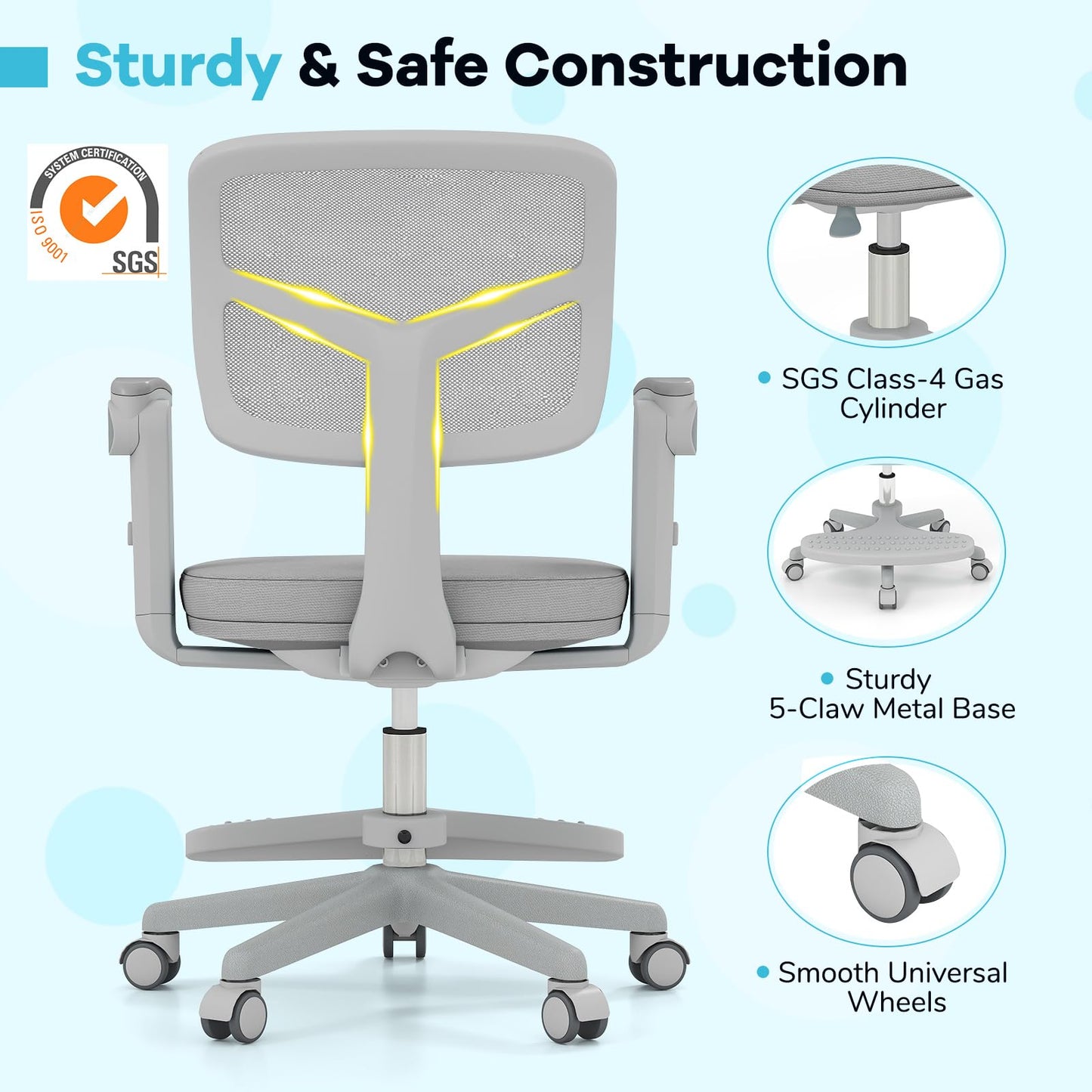 Costzon Kids Desk Chair, Student Ergonomic Computer Chair with Wheels, Footrest, Adjustable Height, Flip-up Armrests & Soft Removable Cushion, Swivel Rolling Kids Office Chair for 3-15 (Gray)