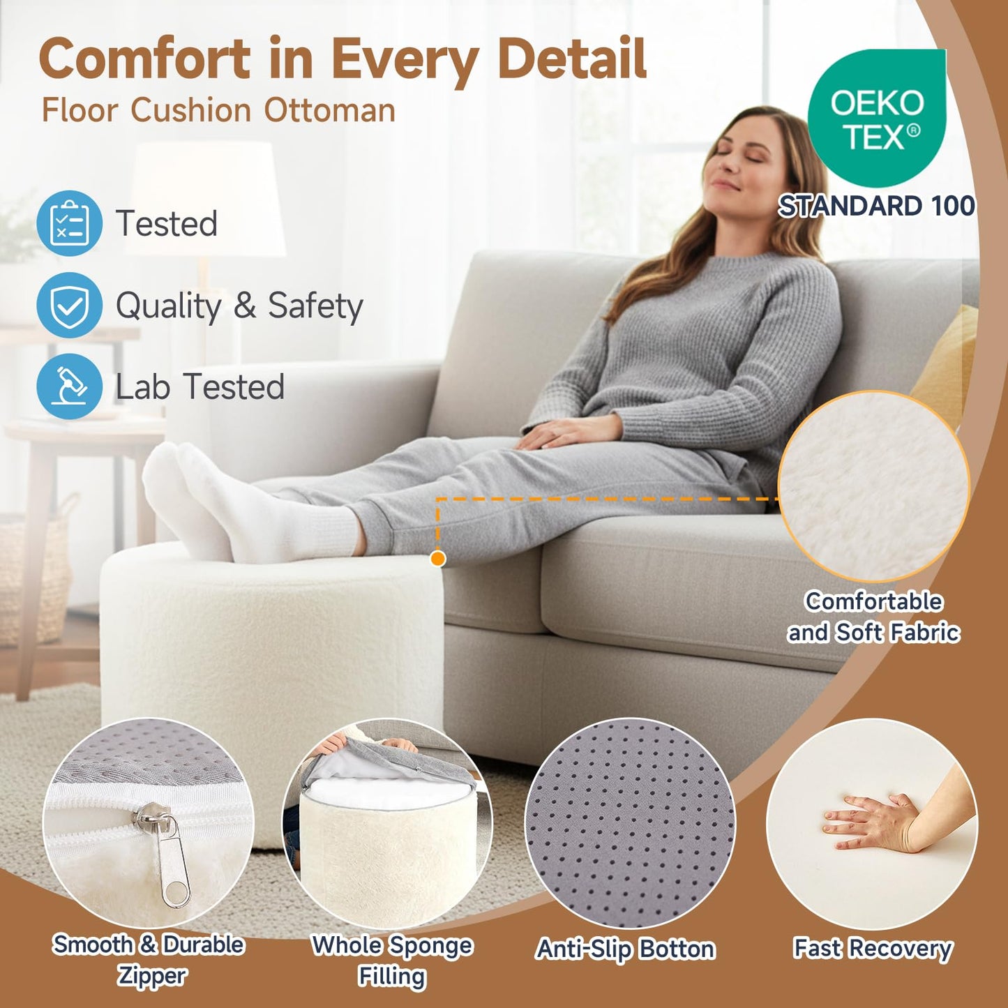 Tiita Round Stuffed Pouf Ottoman, Plush Poufs with Foam Chunk Filling, Foot Rest Stool for Living Room, Cream