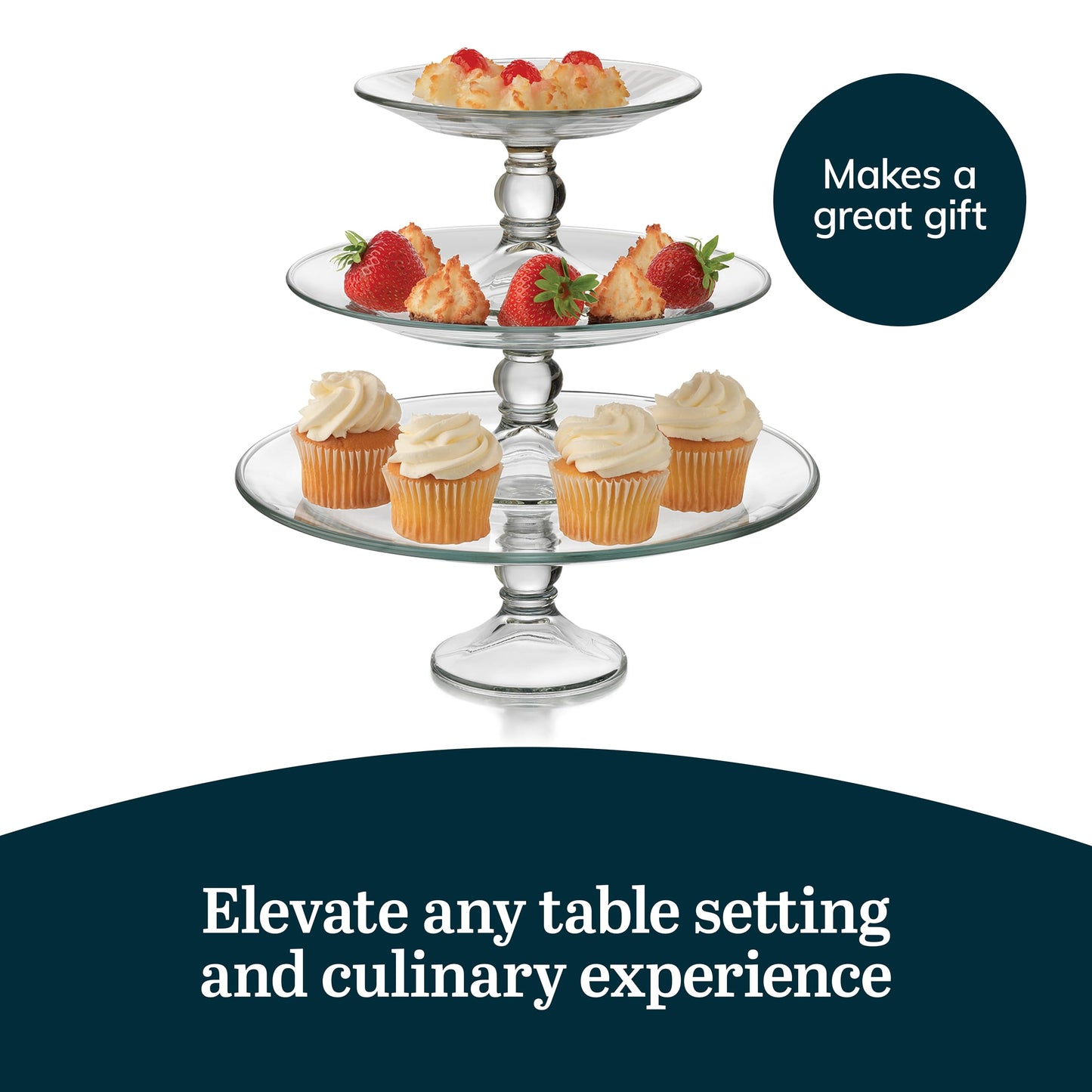 Libbey Selene 3 Tier Serving Stand Set, Elegant, Curvy Style Glass Dessert Stand, Dishwasher Safe 3 Tiered Dessert Stand for Fruit and Candy bowls