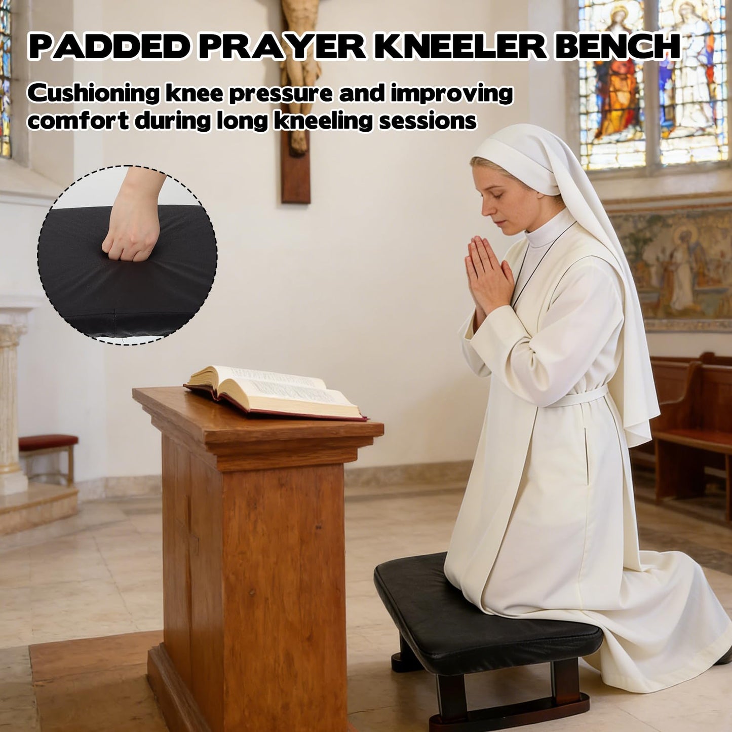 AIHSUMC Walnut Prayer Kneeler with Thick Attached Cushion, Wooden Prayer Bench with Removable Washable Fabric Cover, Sturdy Kneeling Stool for Home Prayer and Meditation
