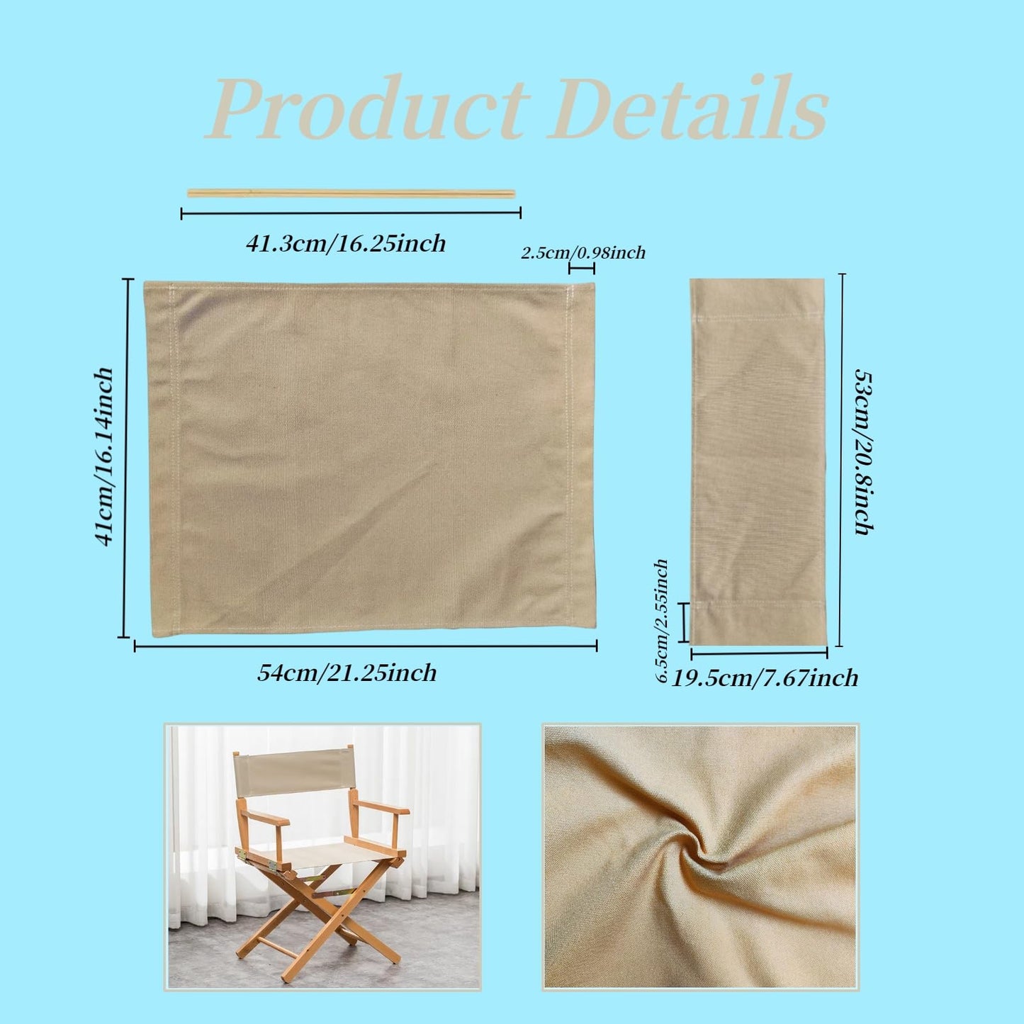 Wonafa 2 Set Director Chair Canvas Replacement with Wood Stick,21.2" L x 16.1" W/21.2X 7.8 Portable Replacement Cover Canvas for Directors Chair，Casual Director Chair Replacement Canvas (Khaki)