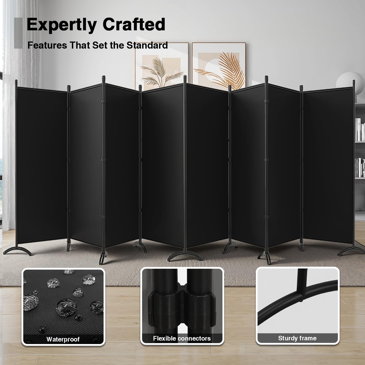 Room Divider-Folding Privacy Screens, 6 ft Partition Room Dividers Wall for Separation, Home, Office, Classroom, Studio (Black, 8 Panel)