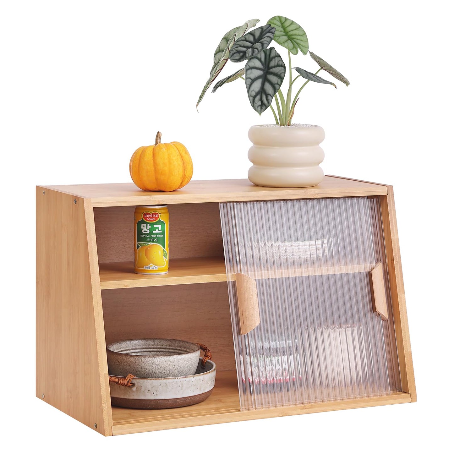 Tiita Small Kitchen Pantry Cabinet, Bamboo Sideboard with Glass Doors, Cupboard Food Pantry Cabinet for Kitchen, Living Room and Dinning Bedroom