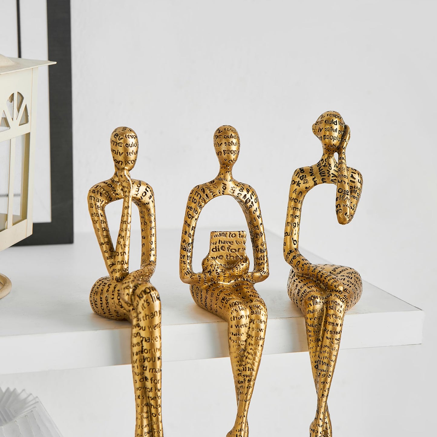 FJS Thinker Sculpture Statue Gold Home Decor, Modern Abstract Art Figurines for Bookshelf Desk Office, Decorations for Living Room Accent, Gift for Book Lovers (Gold)