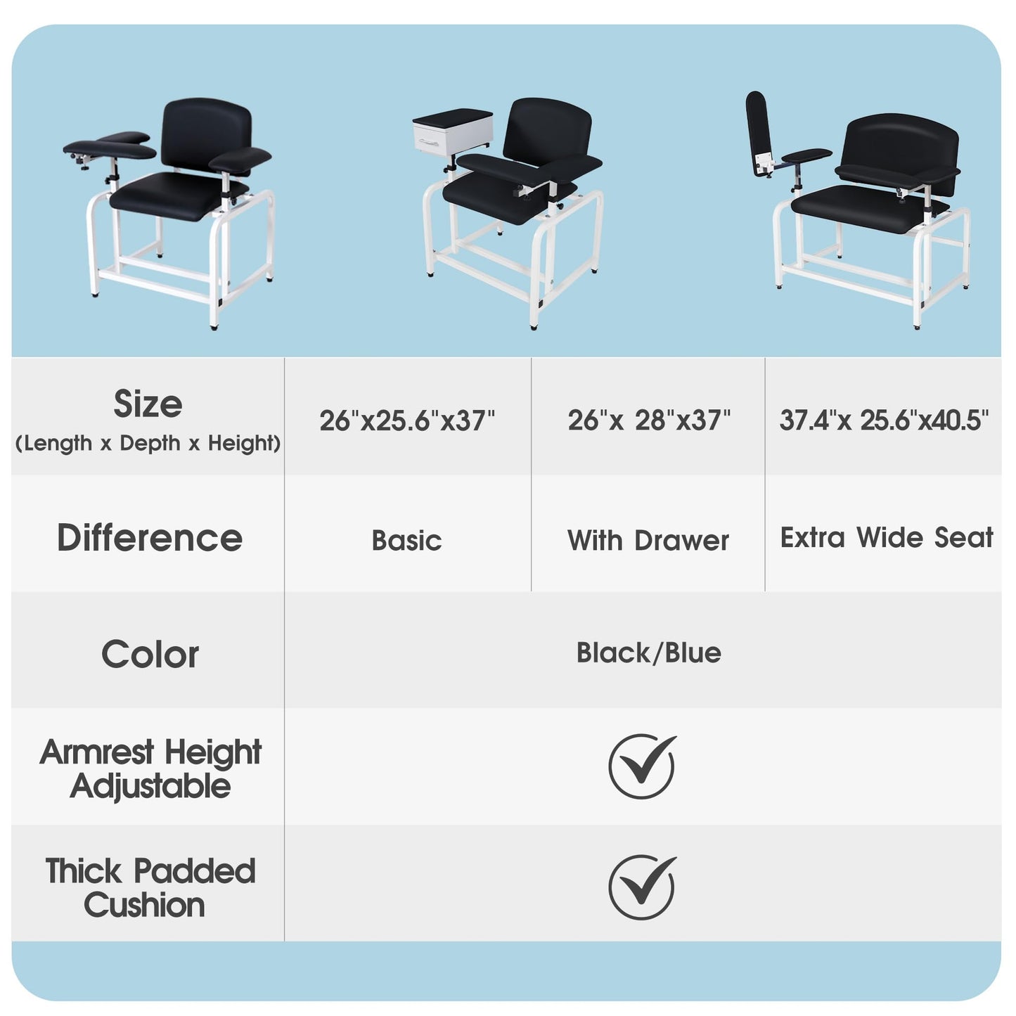 COOLWAVE Extra Thick Padded Bariatric Phlebotomy Chair with Arms Blue