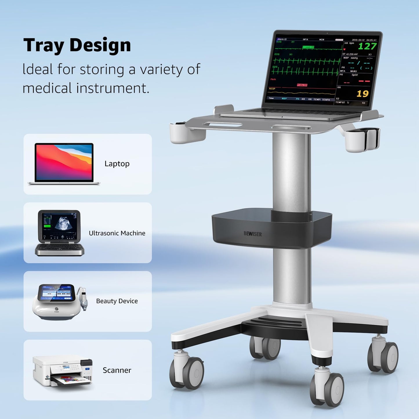 BEWISER Medical Trolley Laptop Cart with Oral Scanner Holder, Mobile Workstation on Lockable Wheels, Ultrasound Scanner Storage Cart for Hospital Dental Clinic, Salon and Labs