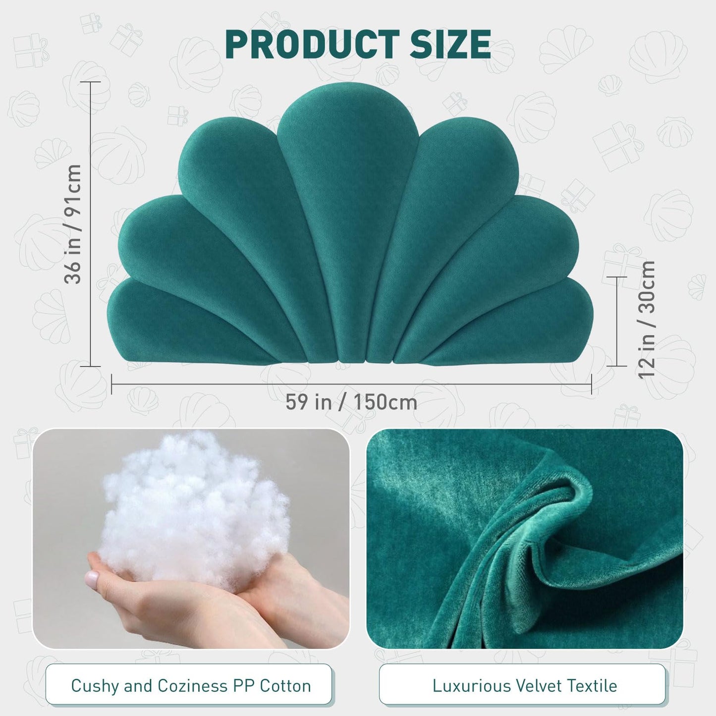 Rucener Queen Size Seashell Headboard Cushion, Soft PP Cotton Filled Upholstered Shell Headboard Pillow, Aesthetic Scalloped Wall Panel Free Standing, Coastal Decor for Teen Grils Bedroom (Blue)