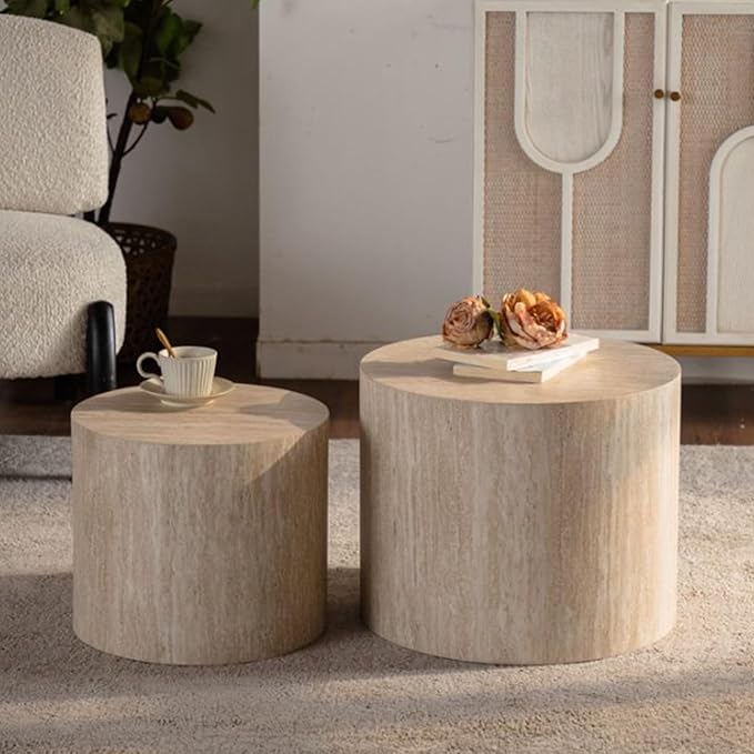 Round Wooden Nesting Coffee Table Set of 2, Circle Modern Accent End Side Table