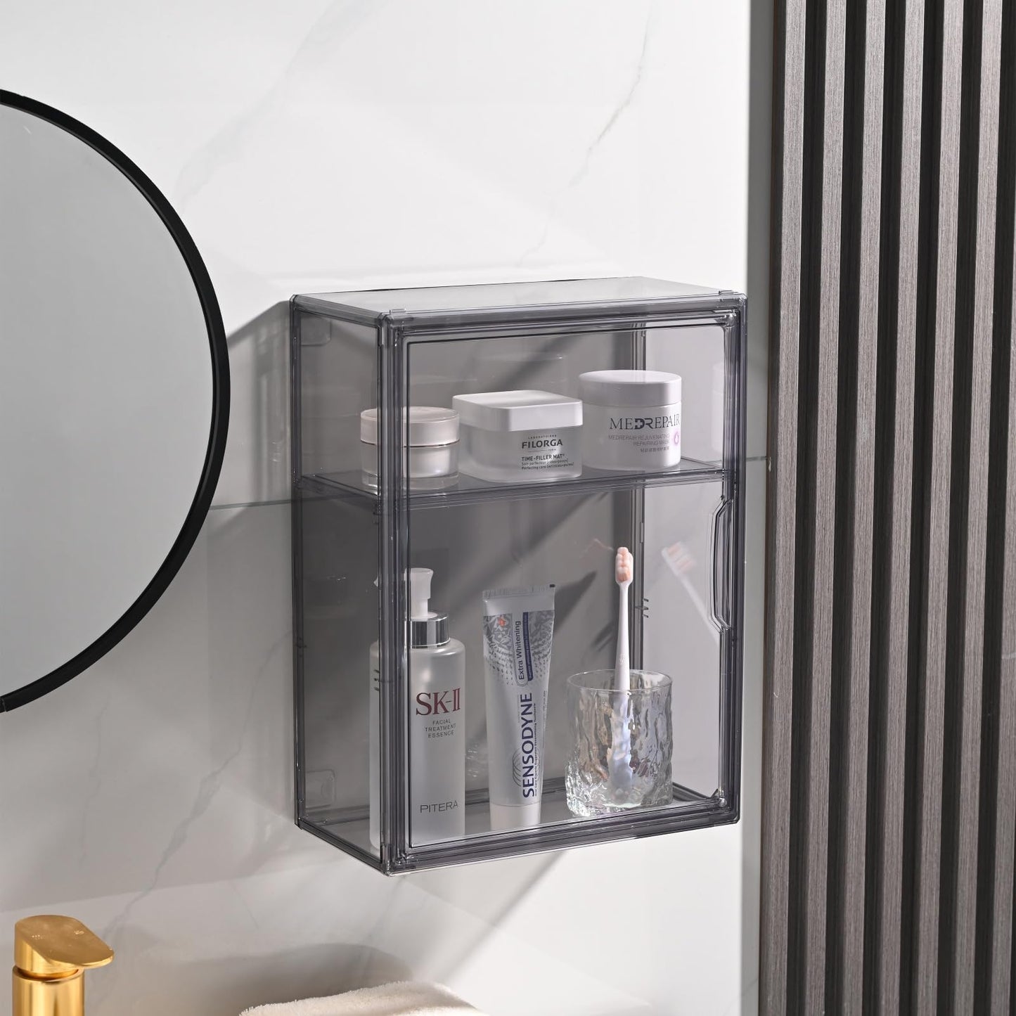 BOHOIDEE 3 Tiers Acrylic Display Case with 2 Division Boards, Acrylic Storage Organizers Box with Magnetic Door, Wall-Mounted Dustproof Showcase for Makeups, Purses, Figure