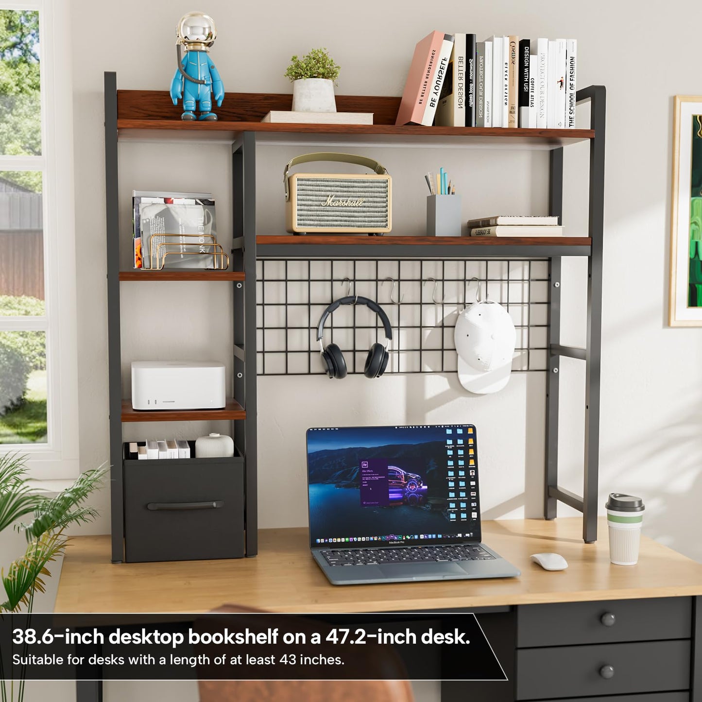 Rifoer Desk Hutch for Computer Monitor,Desktop Bookshelf Organizer,4 Tier Desk Hutch with Grid Panel,38.6" Desk Shelf Storage Rack for Home Office,Study,Dorm,Black
