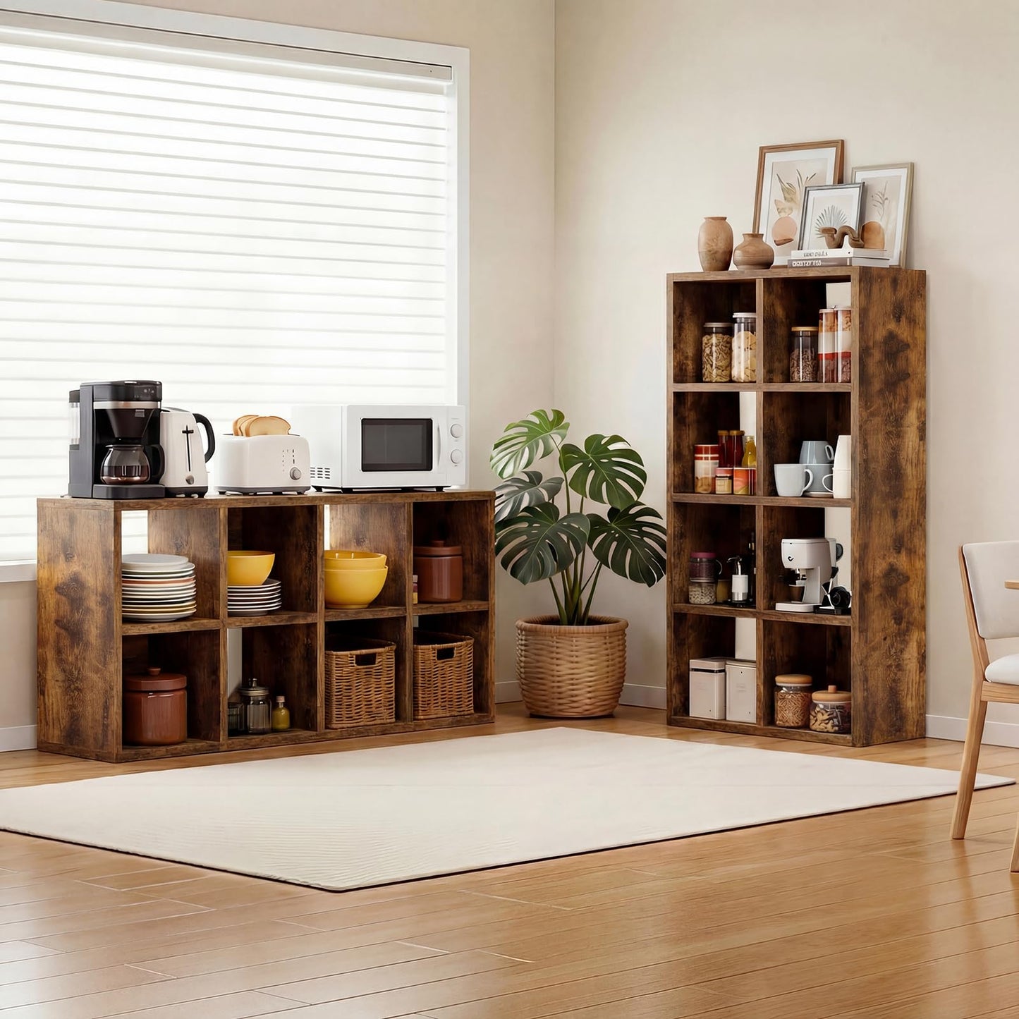 LUCKLIFE 8-Cube Storage Organizer, Stackable Modular Bookcase Shelf with Vertical or Horizontal Use, Fits 11×11" Bins, Optional Back Panels, for Living Room, Office Rustic Brown