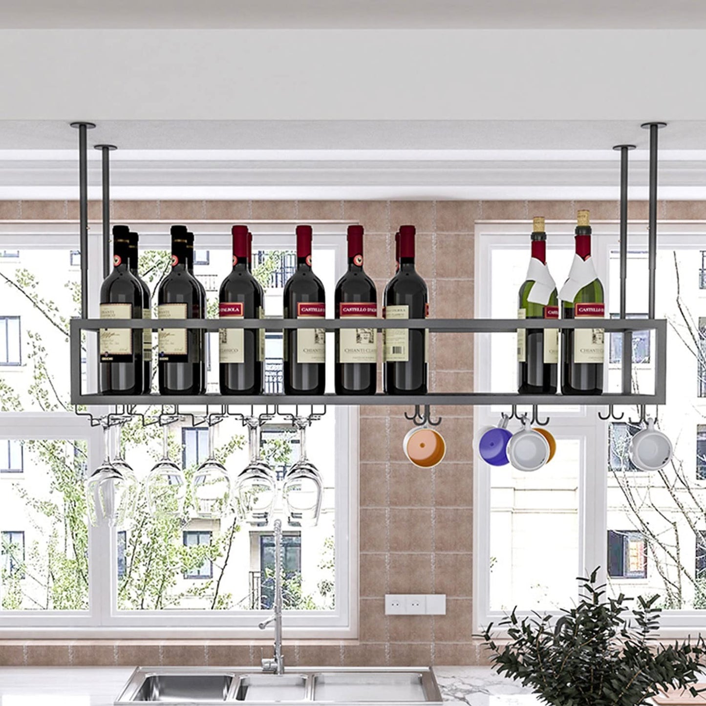 WXPWAMZ Vintage Industrial Metal Hanging Wine Glass Rack Under Cabinet Shelf for Restaurant Cafe Kitchen nization and Storage 60x30x21cm