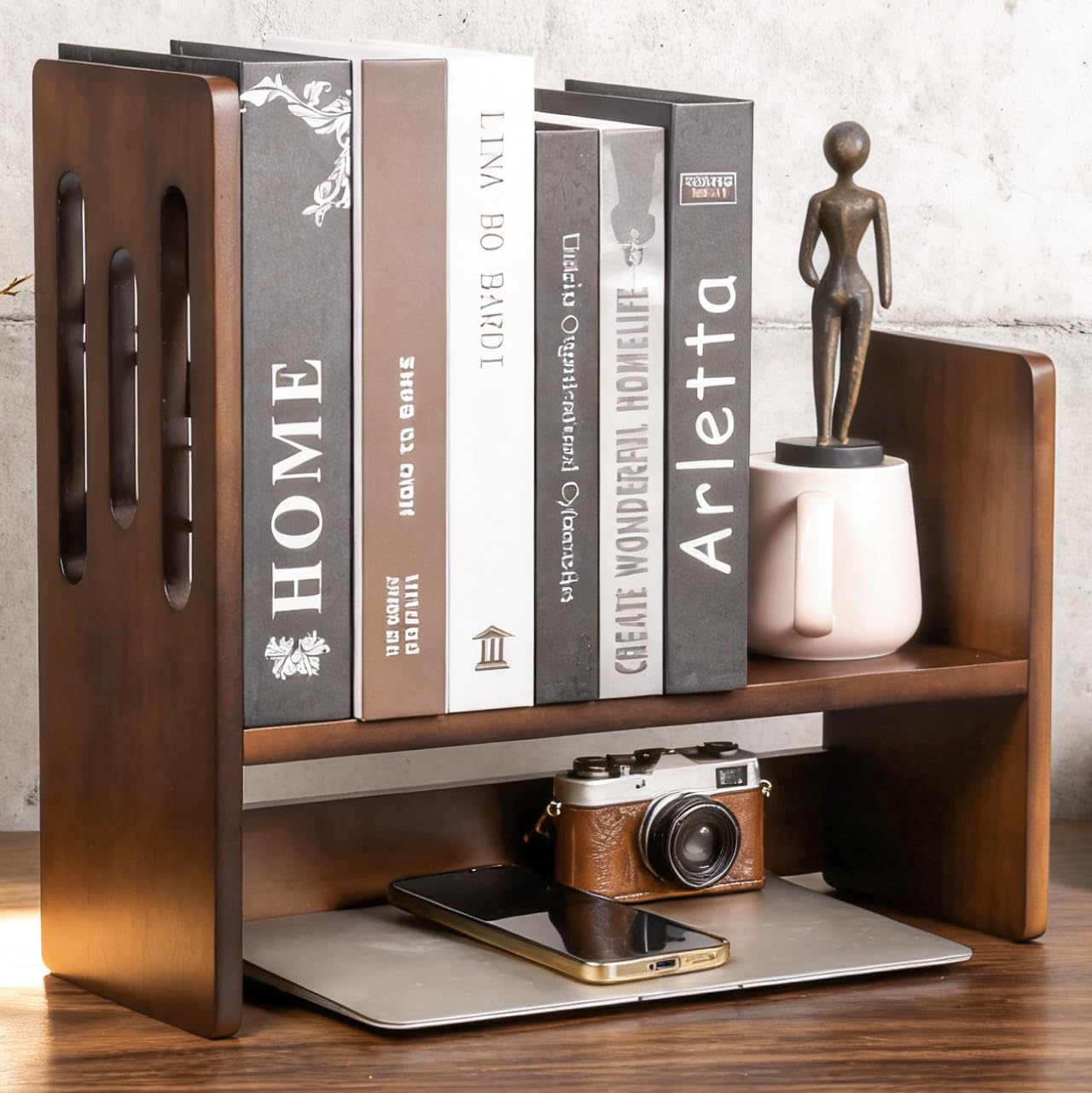 GroveMindoo Handcrafted Solid Wood Desktop Bookshelf, Telescopic Adjustable Desktop Organizer, Multi-Layer Small Bookshelf Desk Shelf for Home Office & Dorm
