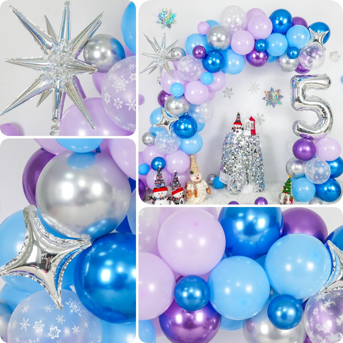 Snow 7th Birthday Decorations Girl, Snowflake Balloon Garland Arch Kit, Laser Explosion Star Balloons, Silver Number 7 Balloon Tower for Baby Shower Girls 7th Snow Theme Party Supplies