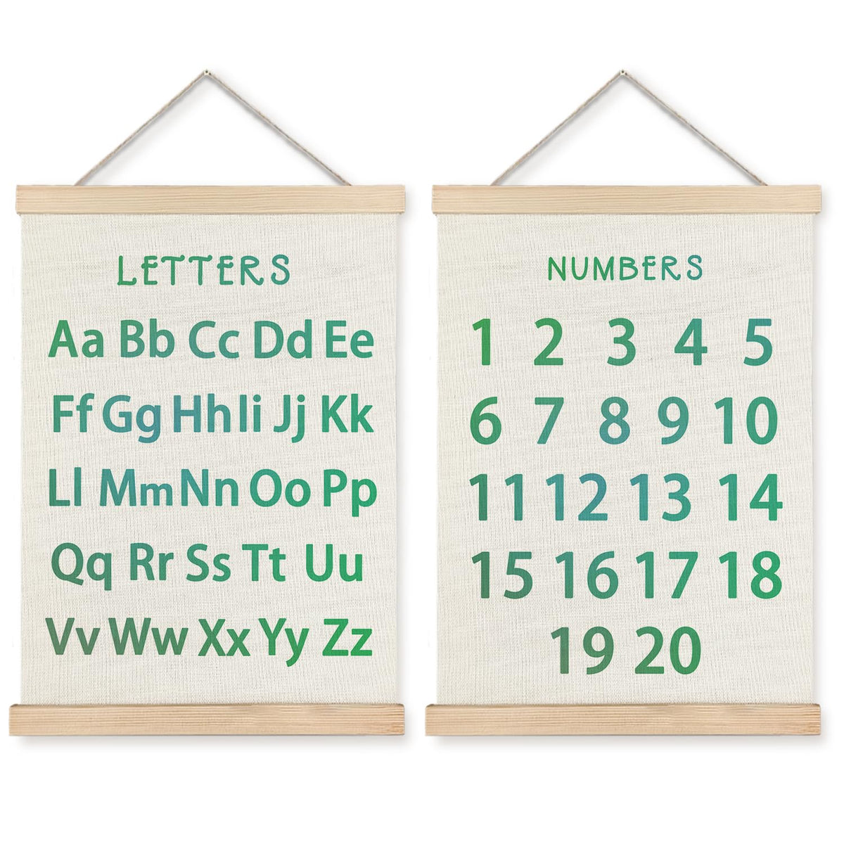 Supwhd Classroom Wall Decor, Numbers and Alphabet Educational Wall Art Poster, Alphabet ABC Numbers from 1 to 20 Poster Wall Decor for Toddler Kids Room Playroom Classroom, 12x16 Set of 2（Green）