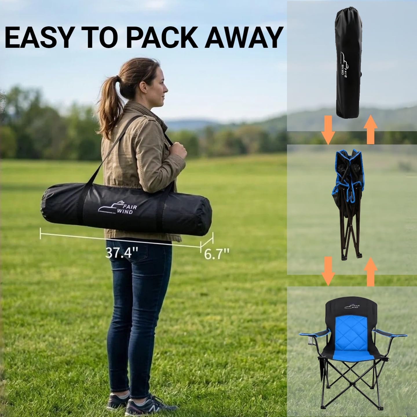 FAIR WIND Camping Chair 2 Pack 400 LBS Capacity Fully Padded Portable Chair with Side Pocket & Cup Holder, Heavy Duty Lawn Chair for Outside, Tailgating,Beach, Sports