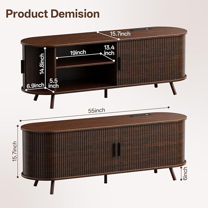 55 inch TV Stand with Power Outlet, Fluted Entertainment Center