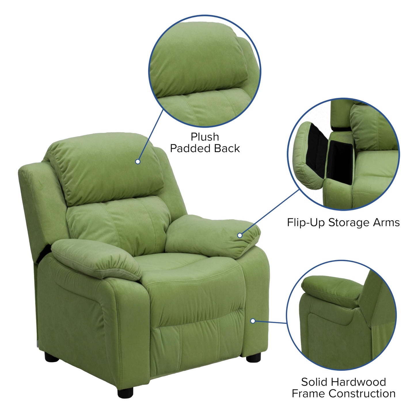Flash Furniture Charlie Microfiber Kids Recliner with Flip-Up Storage Arms and Safety Recline, Contemporary Reclining Chair for Kids, Supports up to 90 lbs., Avocado
