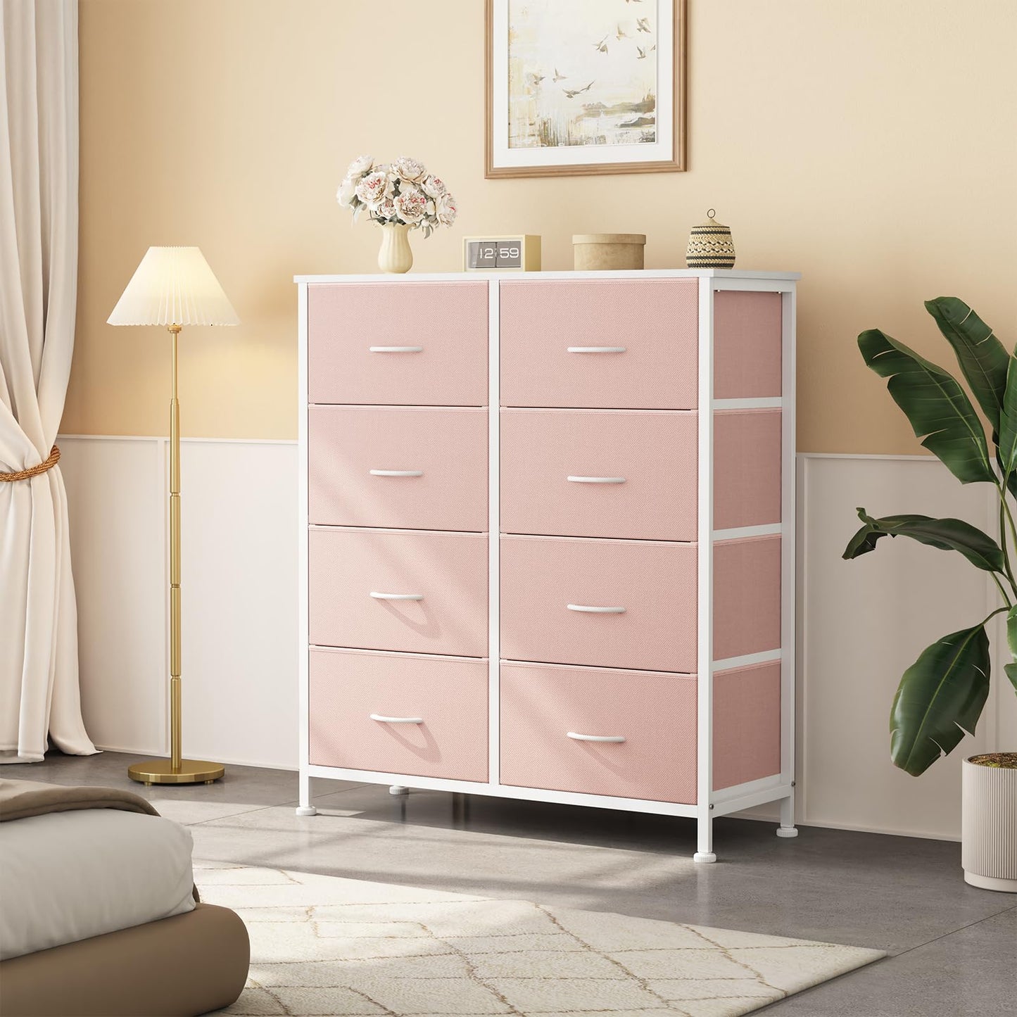 Sweetcrispy 8 Drawer Fabric Dresser for Bedroom, Tall Double Dresser Chest of Drawers with Sturdy Steel Frame and Wooden Top, Closet Living Room Storage Organizer with Easy Pull Handles,Pink