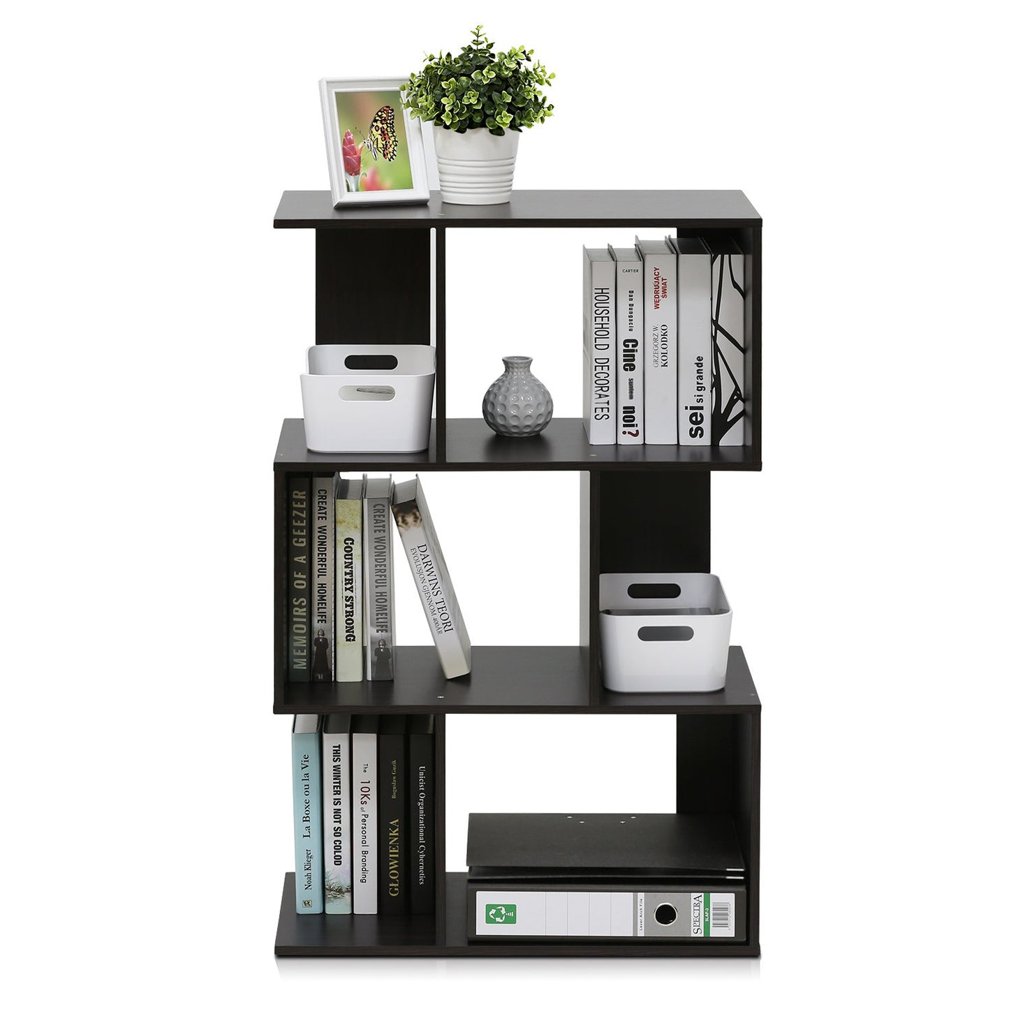 Furinno SIMPLY Book Shelf, 3-Tier Geometric Bookshelf, S-Shape Bookcase with Open Shelf, 11.8" x 23.6" x 37.3", for Organization and Storage, for Living Reoom, Bedroom, Home Office, Espresso