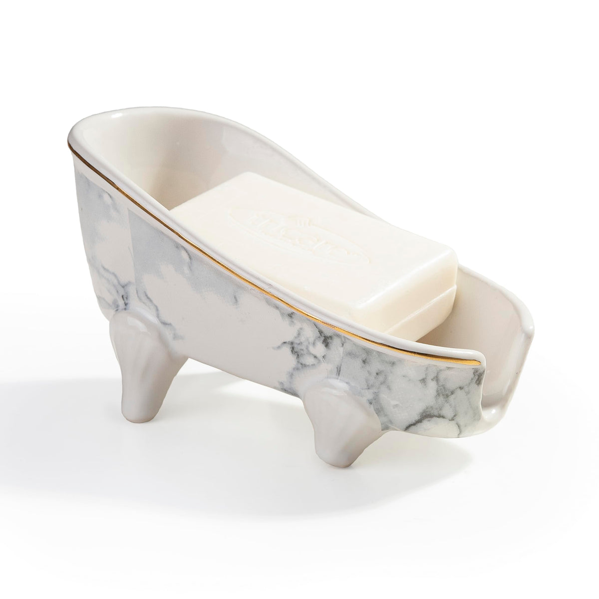 5.5" Self Draining Mini Bathtub Soap Dish, Ceramic Bar Soap Holder with Drain, Marble Pattern Decorative Soap Saver for Shower, Bathroom & Kitchen Sink, Keep Soap Dry, Easy to Clean