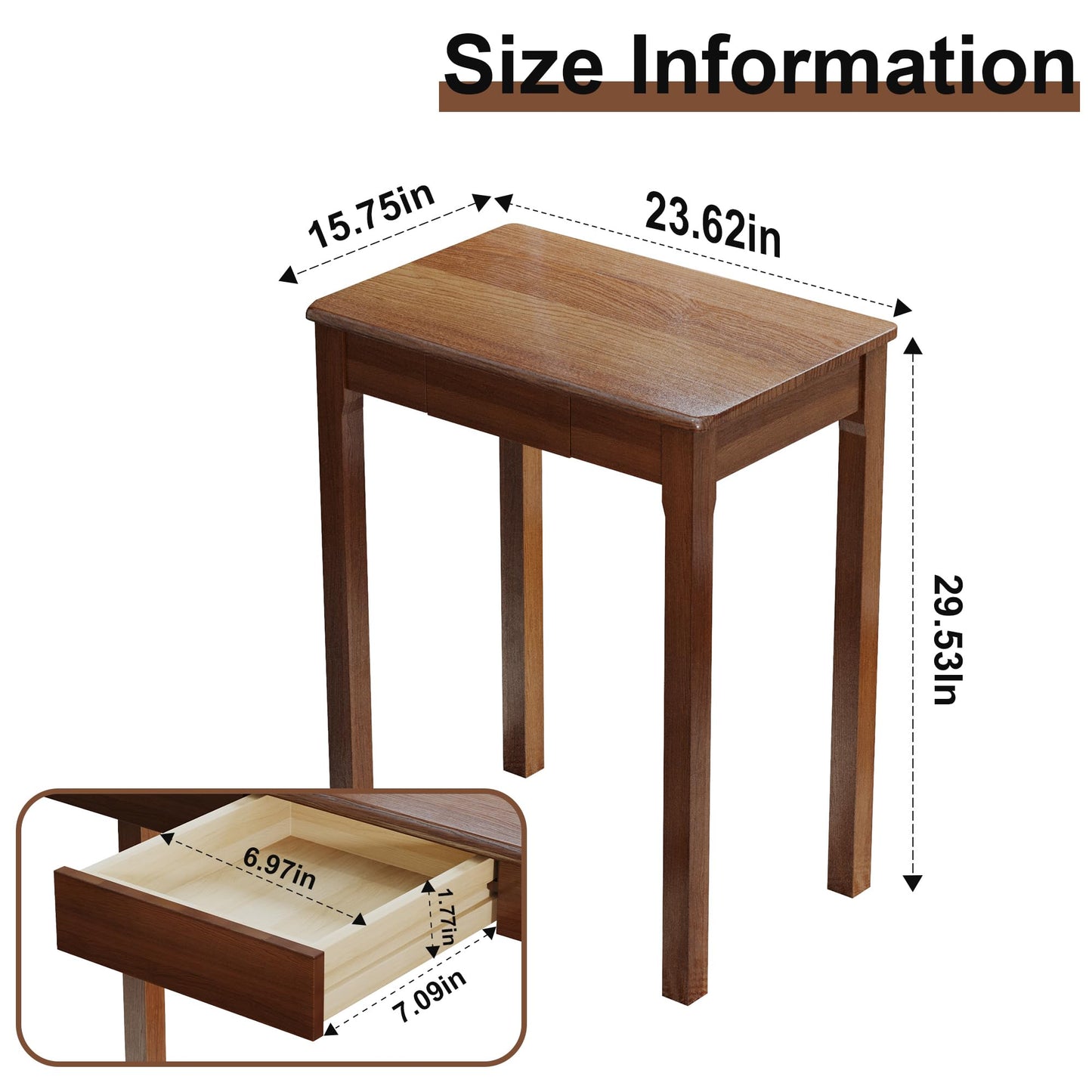Love-KNPTUS Solid Wood Desk with Drawers - 23.6" Narrow Desks for Small Spaces, Mid Century Modern Desks, Small Wooden Vintage Computer Writing Desk, Study Table for Home Office Bedroom, Walnut