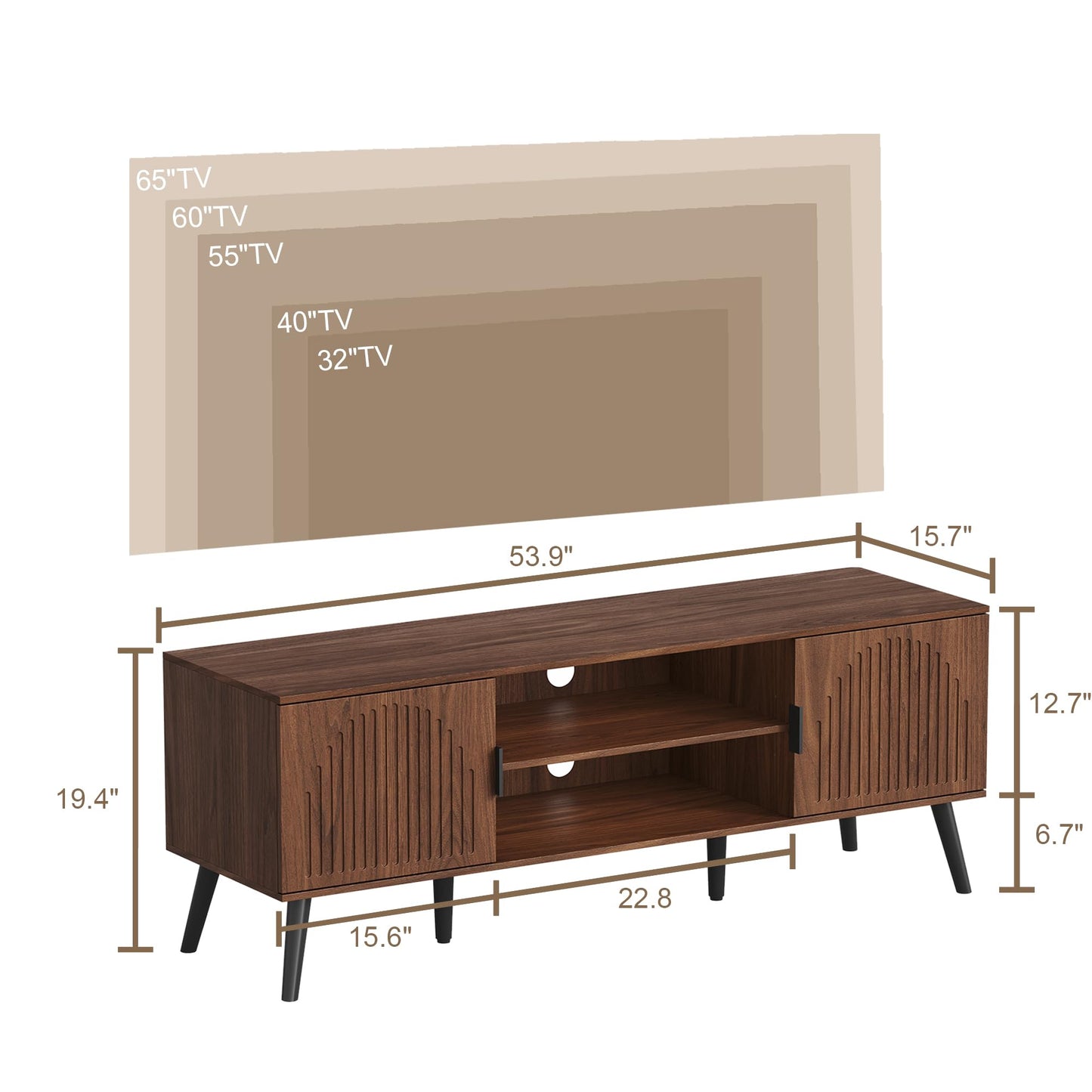 ChooChoo TV Stand for Living Room, Mid Century Modern TV Stand for 55/60 Inch TVs, Entertainment Center with Storage Cabinet and Open Shelves, TV Console Table Media Cabinet for Bedroom, Walnut
