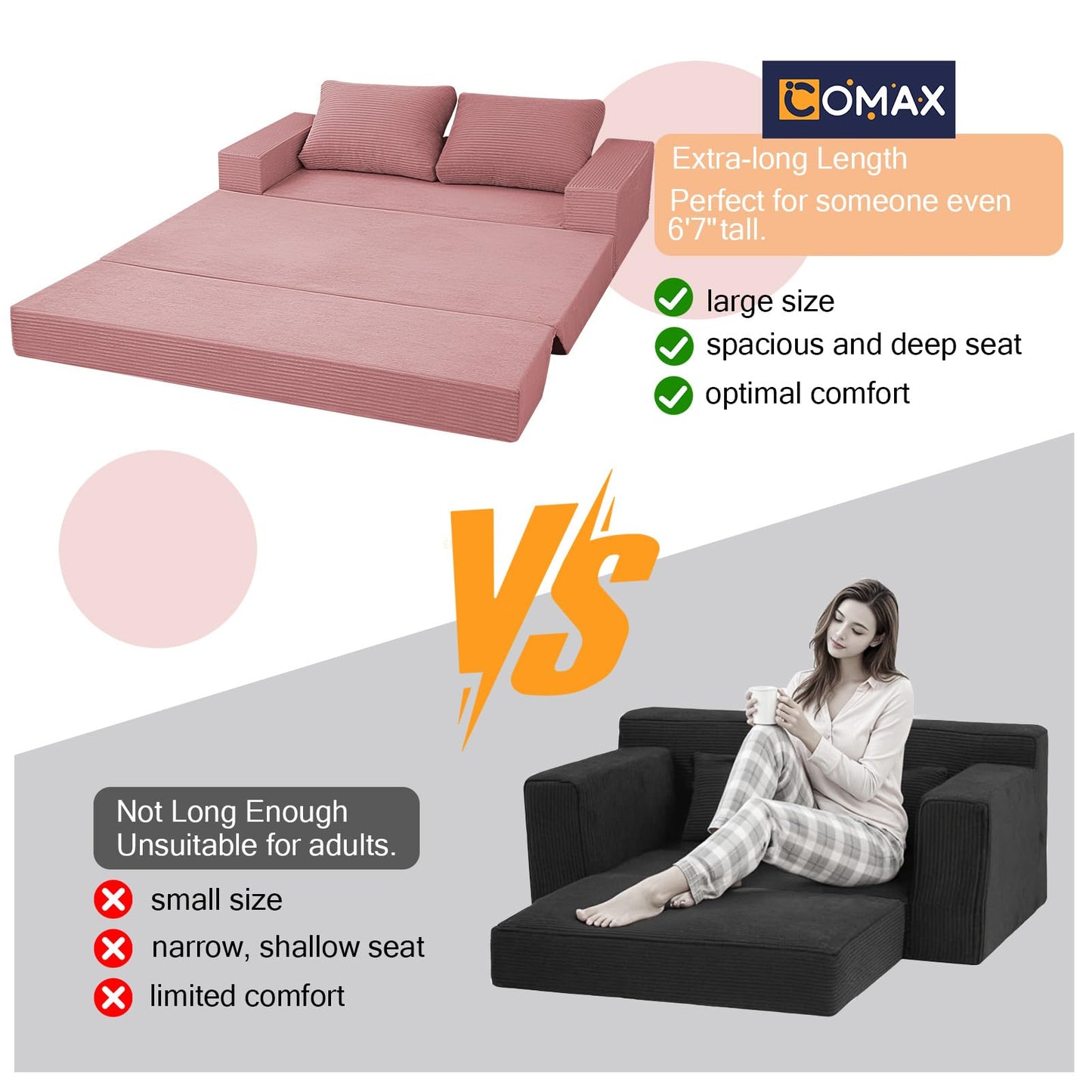 COMAX Convertible Sofa Bed Queen, Corduroy Folding Floor Couch Pull Out Couch Bed Futon Sleeper with Pillows, Fold Out Boneless Sofa Comfy Lounge Mattress Loveseat for Living Room Bedroom, Pink
