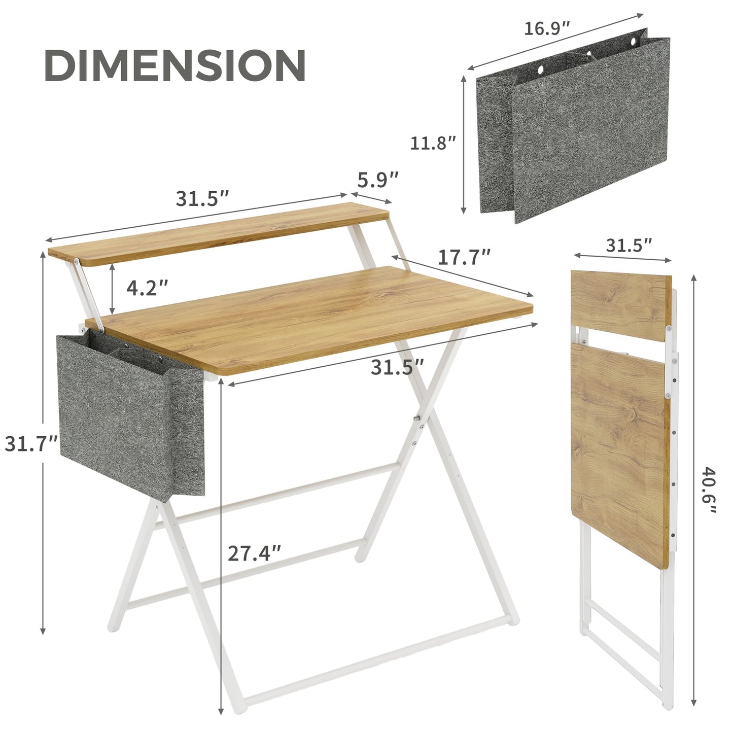 Small Desk No Assembly,31.5Inch 2-Tier Compact Computer Desk with Shelf & Side Pocket,Space Saving Foldable Table for Home Office, Bedroom or Apartment,Portable Collapsible Sturdy Laptop Desk,Oak