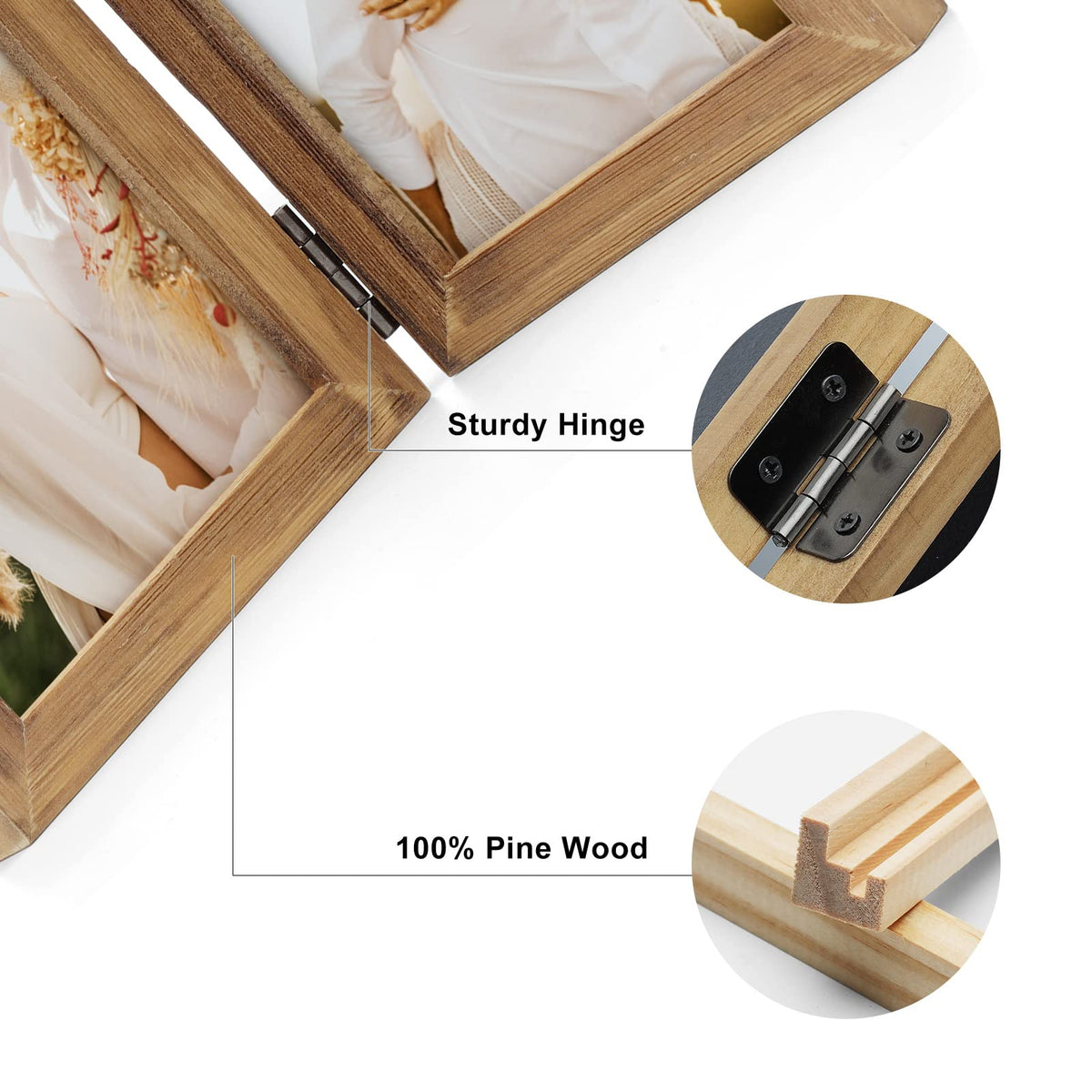 Janreefan Double 4X4 Picture Frames Hinged Folding Rustic Photo Frames in Brown for Wall Hanging or Tabletop Standing, Made of Pine Wood with Real Glass P-44 * 2-MU