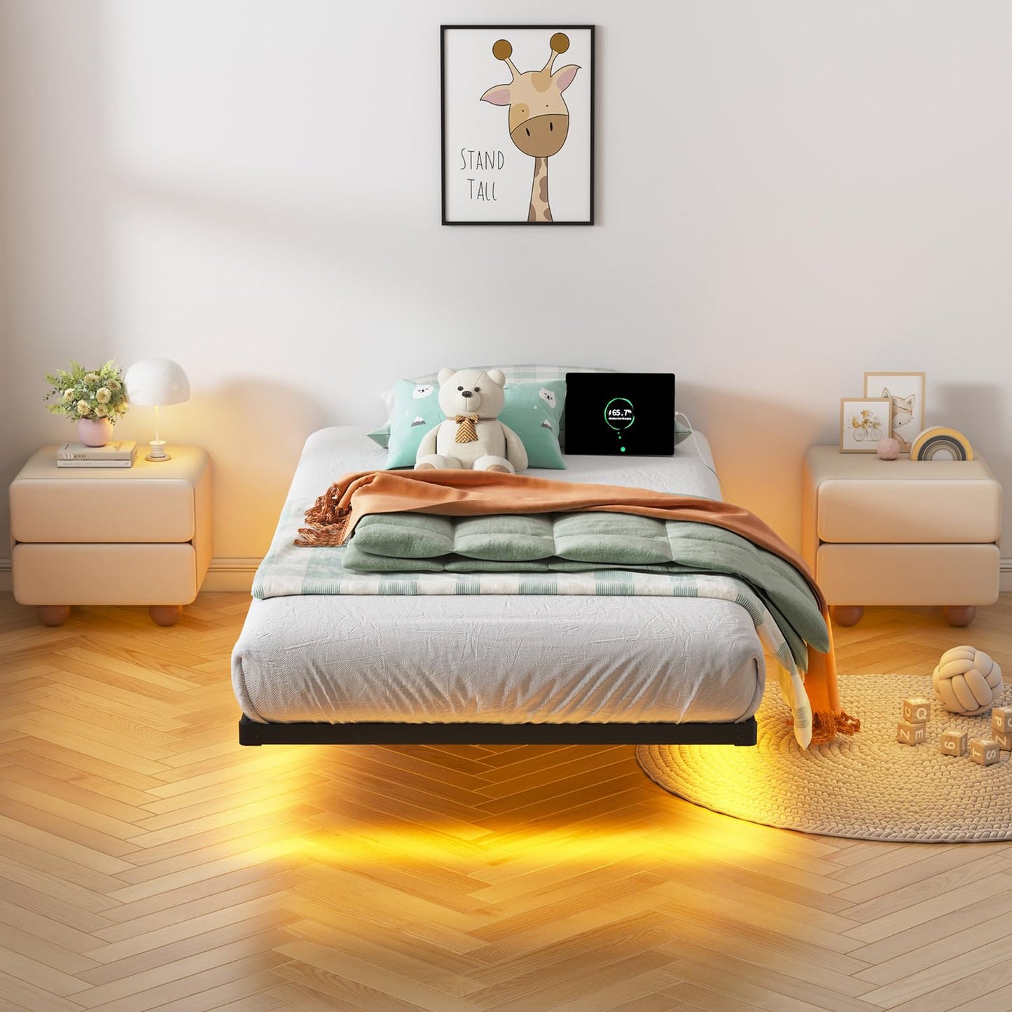 HAVONIZD Floating Bed Frame Twin with LED Lights and Charging Station - 8 inch Platform Bed Frame No Box Spring Needed, Easy Assembly