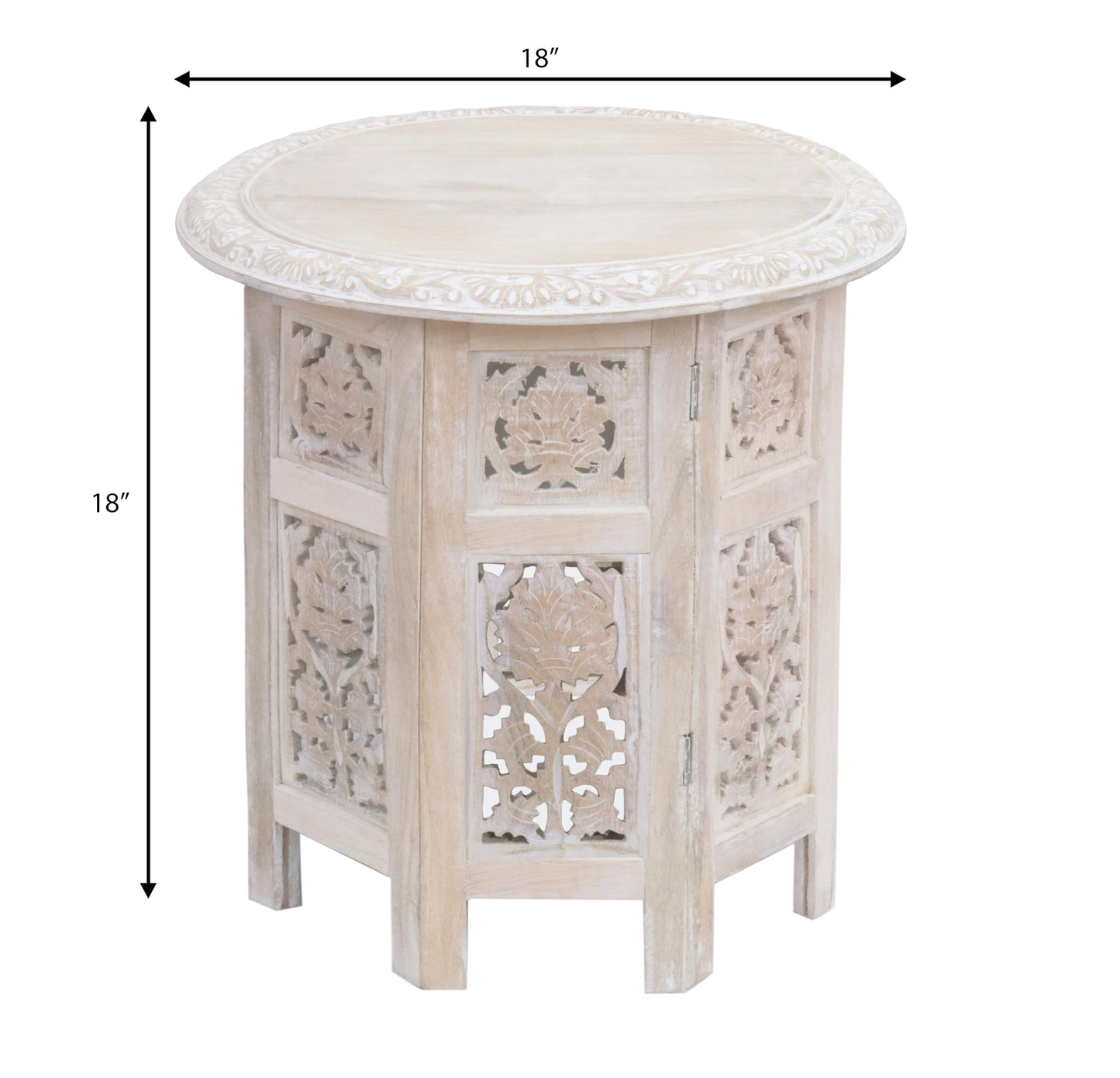 COTTON CRAFT Solid Wood End Table - Hand Carved Vintage Boho Folding Accent Side Table - Small Spaces - Entryway Farmhouse Living Room Bedside - No Tools Assembly - 18x18 Round - White Wash