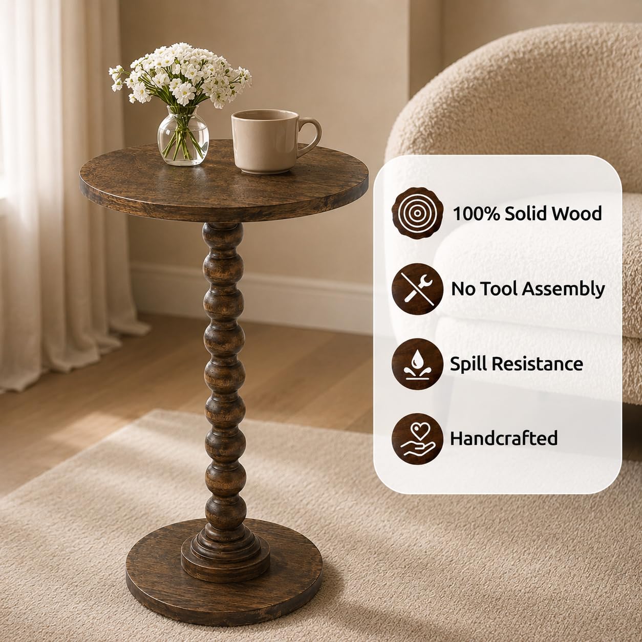 LIVINGNISH Solid Wood Round Side Table for Living Room, Bedroom and Office — Handcrafted End Table, Bedside Nightstand, Accent Table for Small Spaces with Tool-Free Assembly (Rustic Walnut)