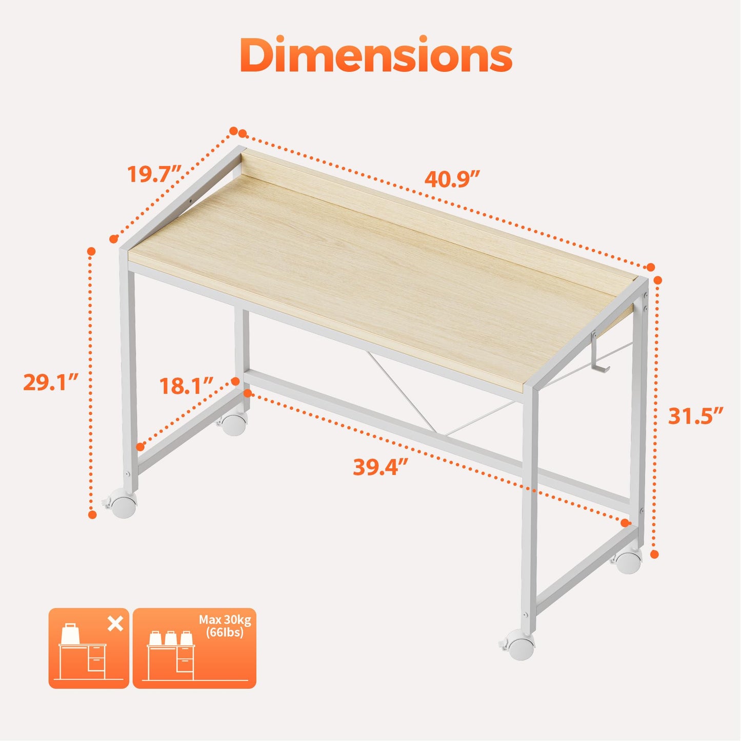 Mericonia 40 inch Rolling Computer Desk with Wheels, Gaming Desk for Small Spaces, Modern Simple Style Table for Home Office, Study Writing Table