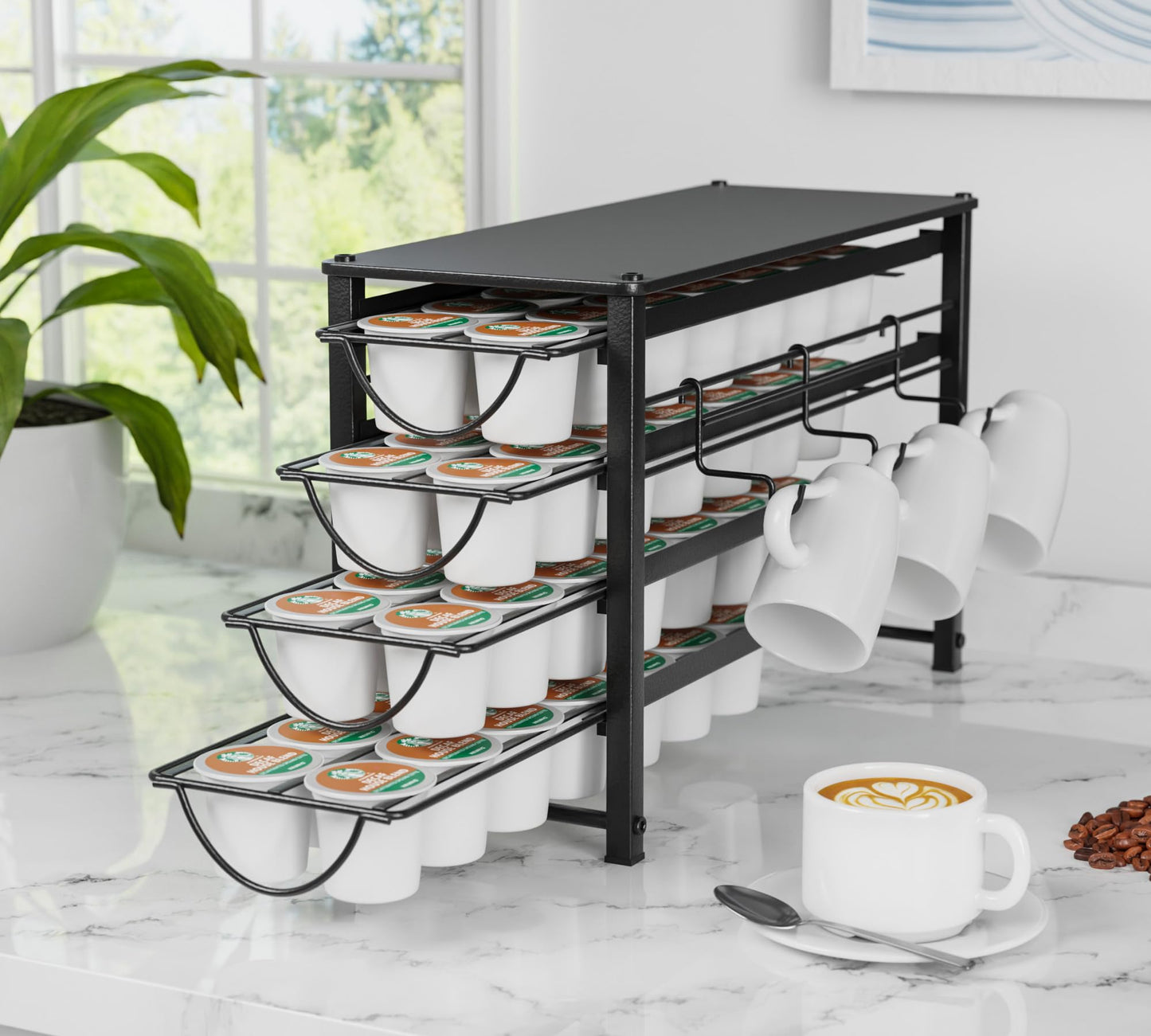 HFHOME Coffee Pod Organizer for Countertop, 4-Tier Metal Storage Drawer, Holds 56 Capsules, Coffee Station Holder for Kitchen, Office, or Home, 3 cup rack, Black